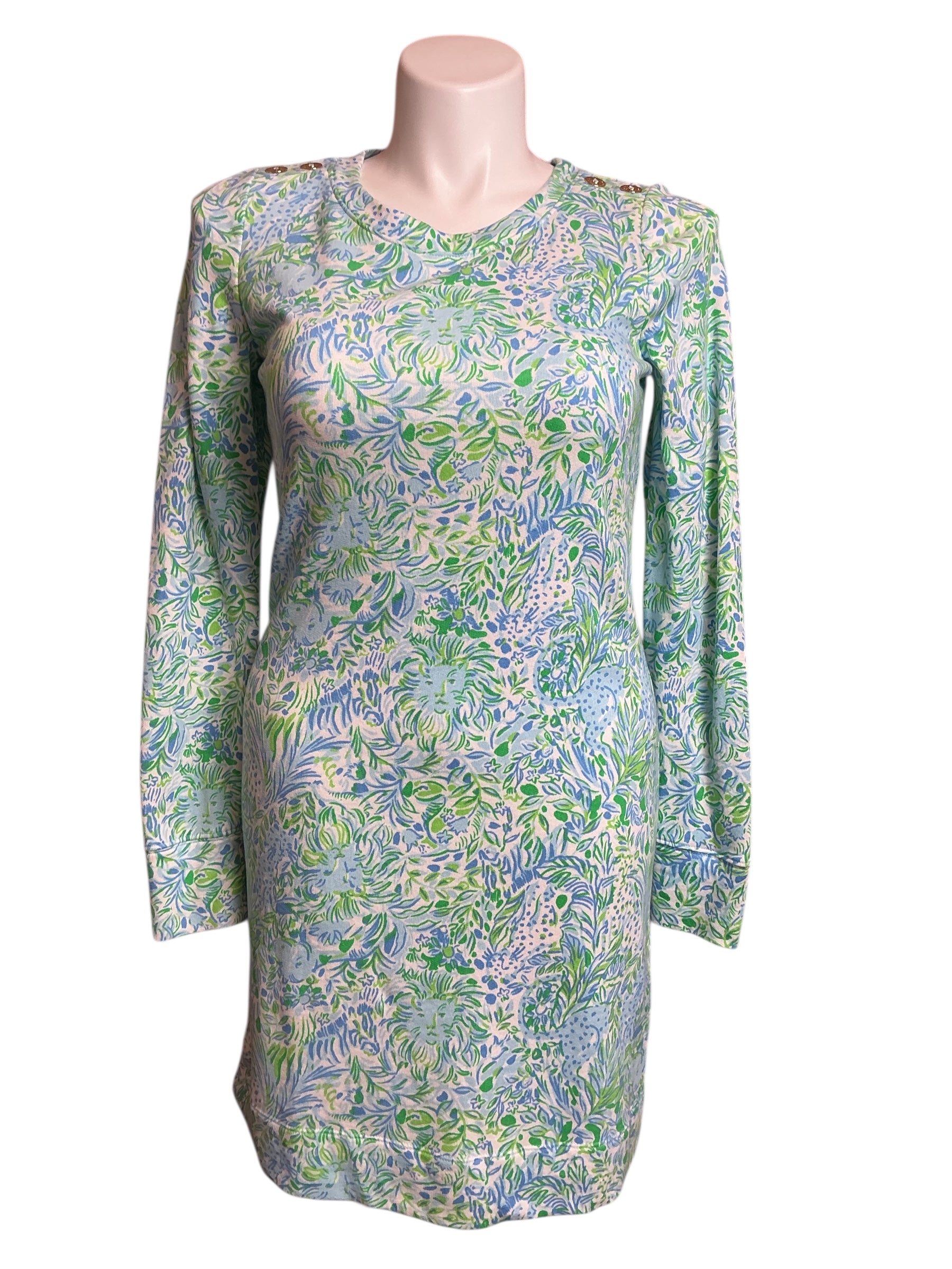 Lilly Pulitzer Kenley Long Sleeve Crewneck Dress Hydra Blue Dandy Lions - Size M