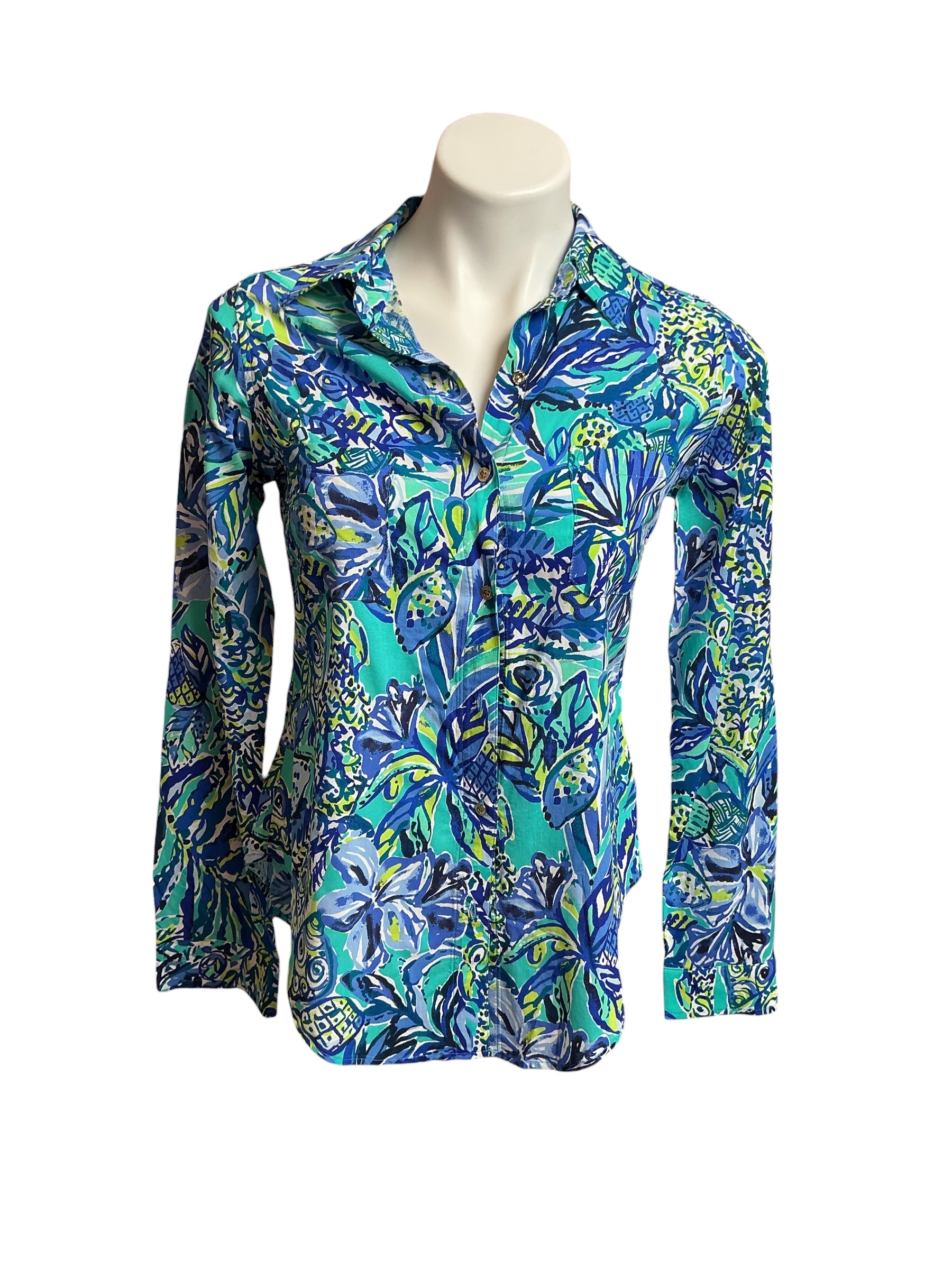 Lilly Pulitzer NWT Sea View Rayon Button Down Bennet Blue Sneak A Beak - Size XXS