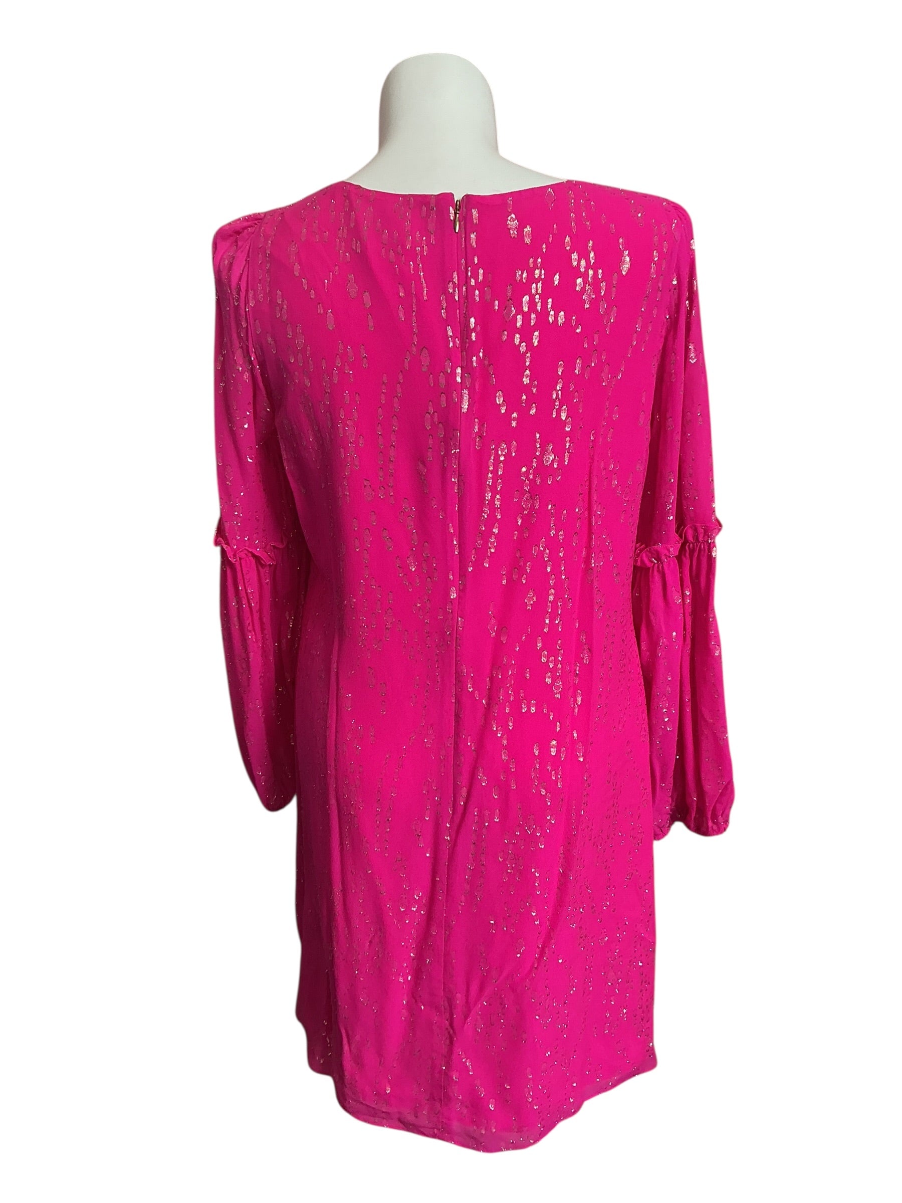 Lilly Pulitzer Cleme Long Sleeve Silk Dress Pink Palms Metallic Chiffon - Size 16
