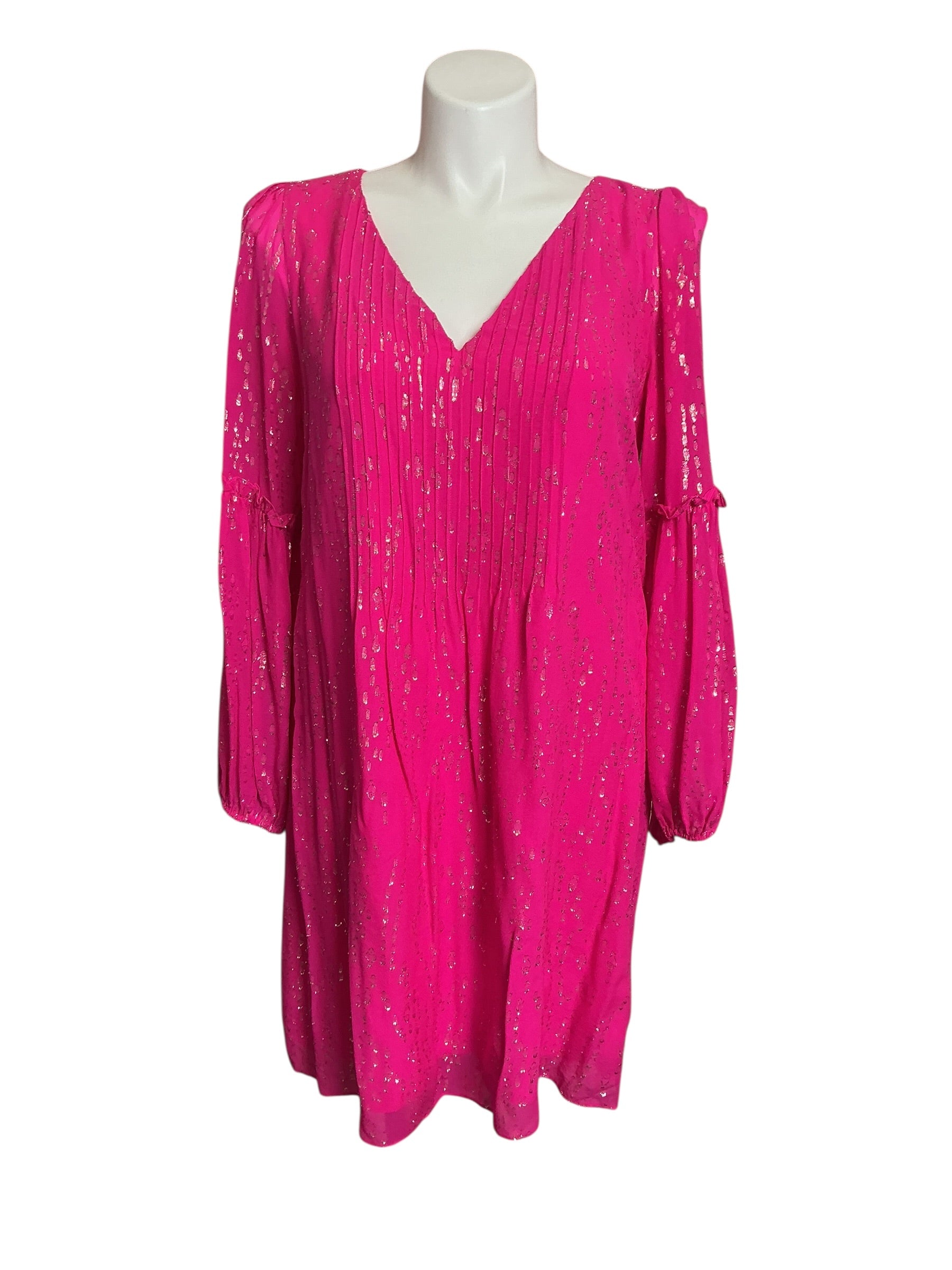 Lilly Pulitzer Cleme Long Sleeve Silk Dress Pink Palms Metallic Chiffon - Size 16