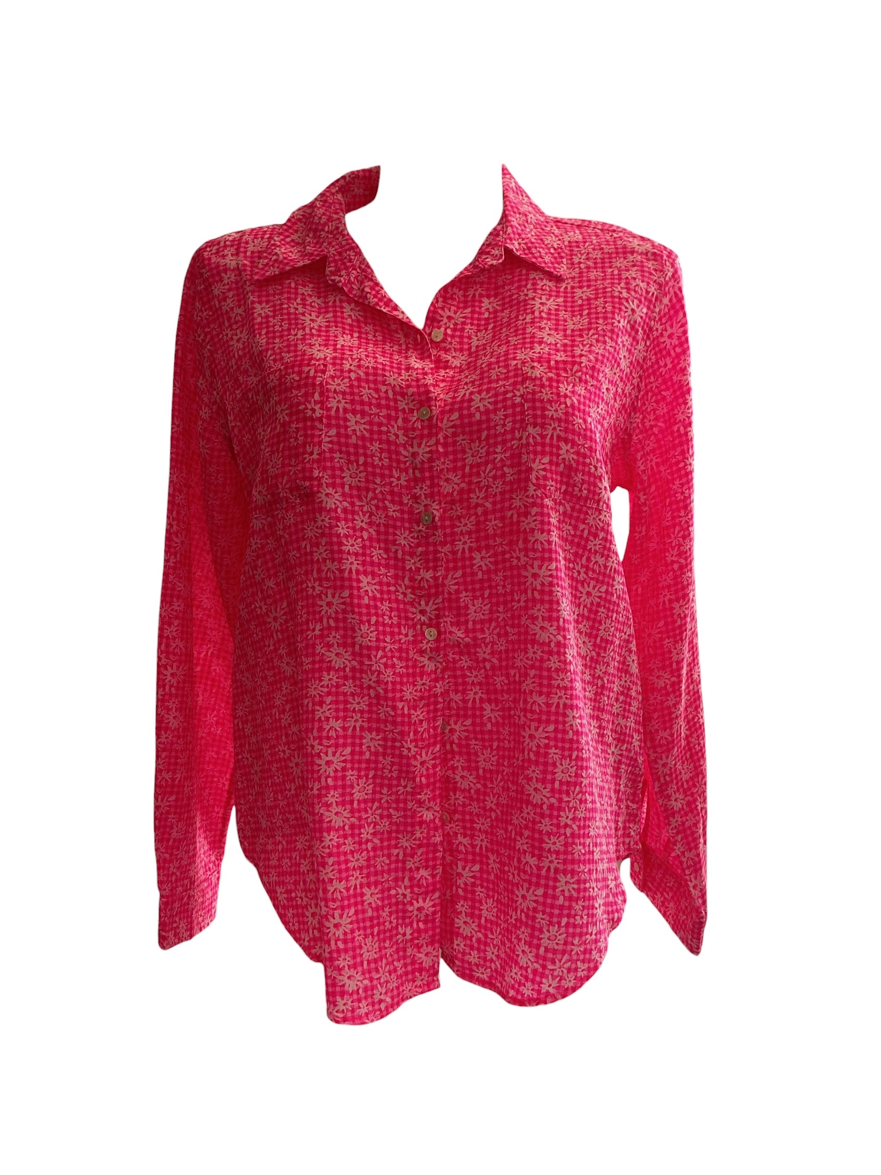 Lilly Pulitzer Sea View Linen Button Down - Roxie Pink Check You Out - Size XL