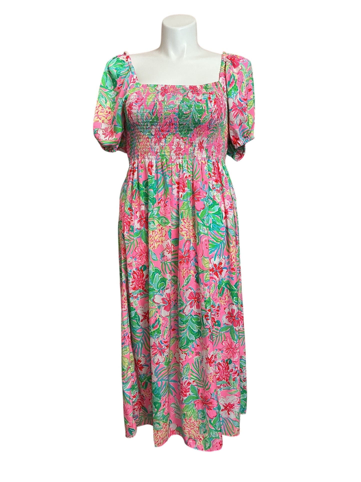 Lilly Pulitzer Selah Short Sleeve Smocked Dress Journey To The Jungle - Size XL