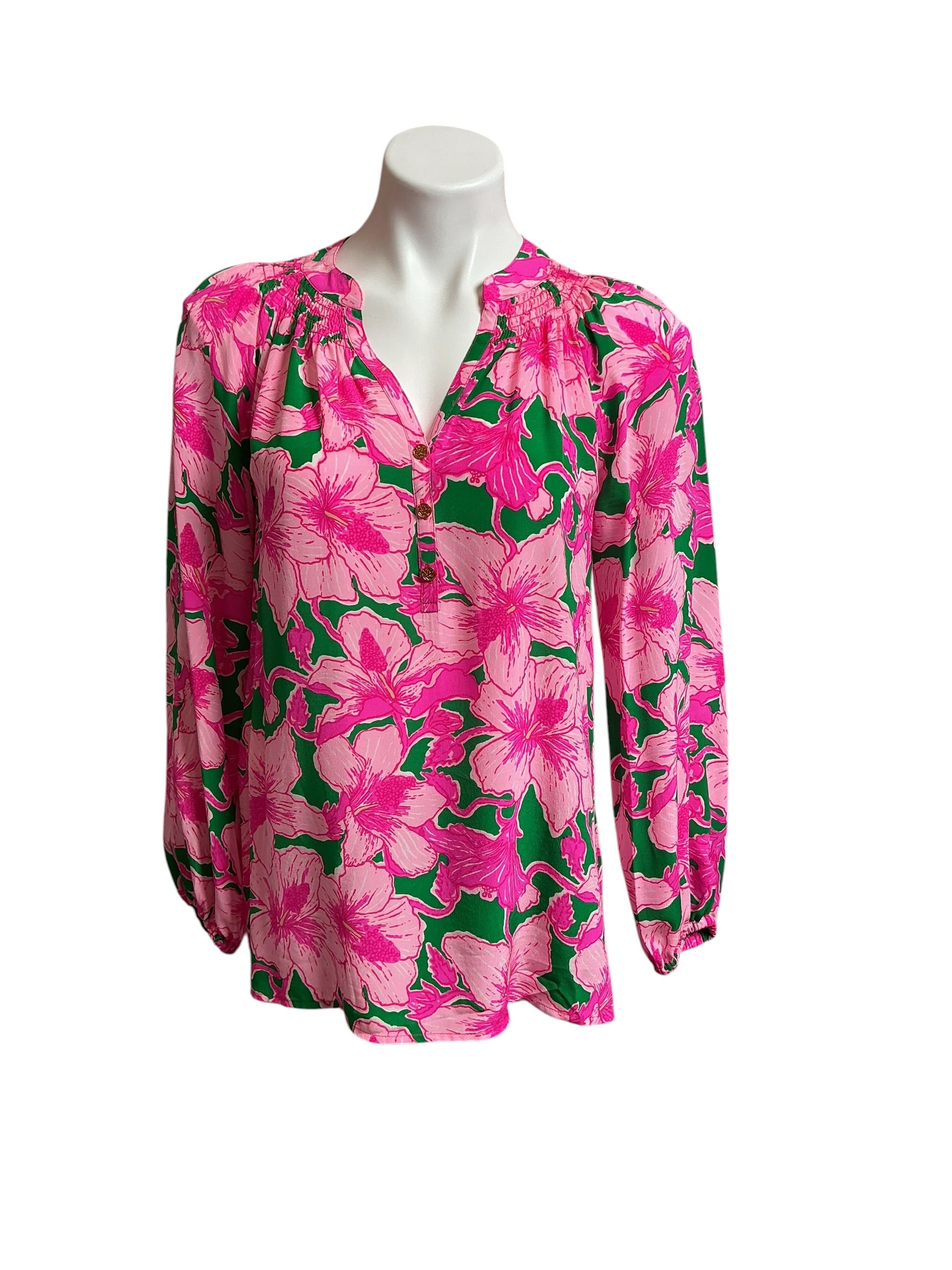Lilly Pulitzer Elsa Silk Top Kelly Green Hibis Kiss - Size XS