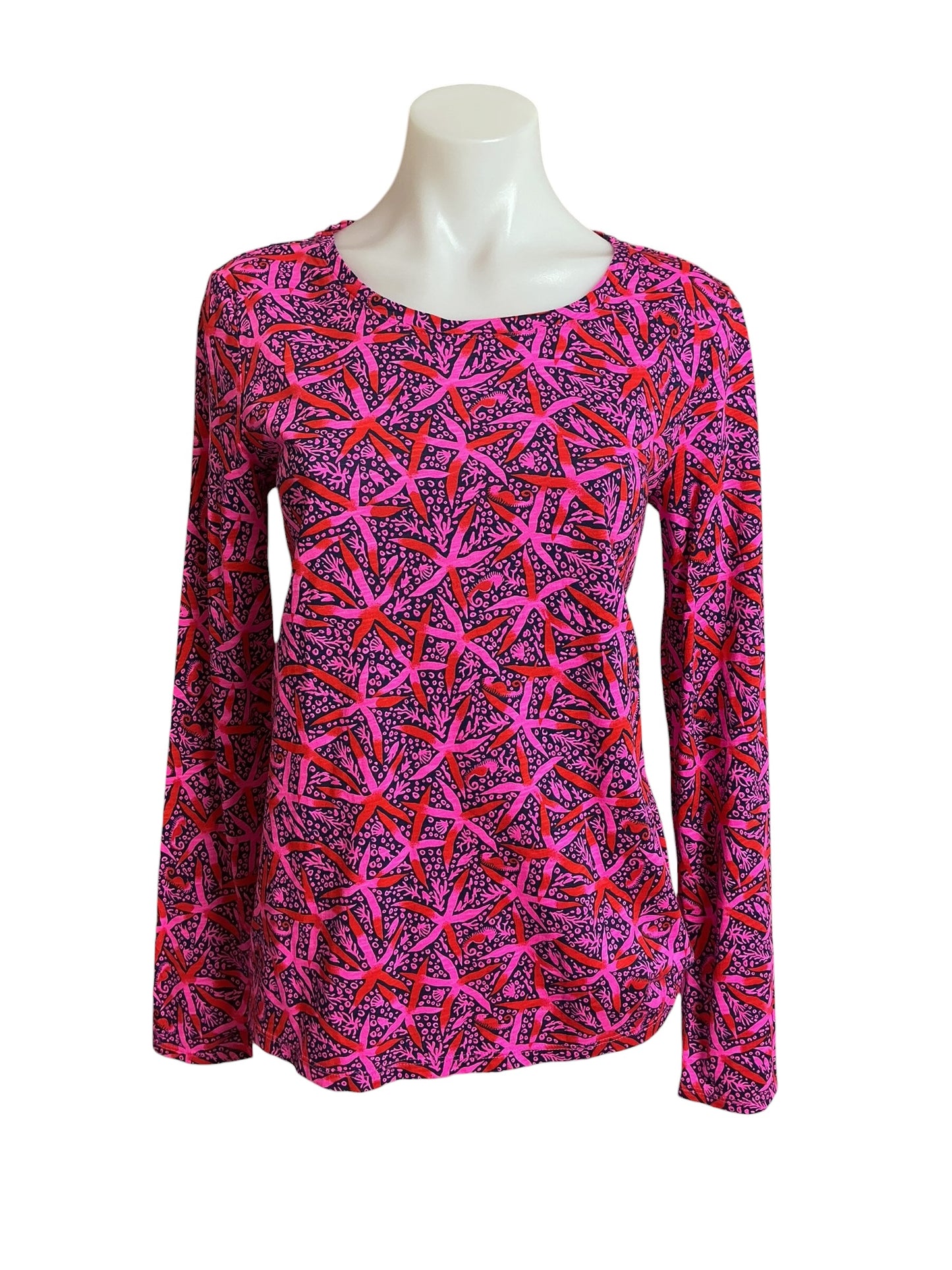 Lilly Pulitzer NWT Etta Scoop Neck Long Sleeve Passion Fruit Pink Star Searching - Size XS