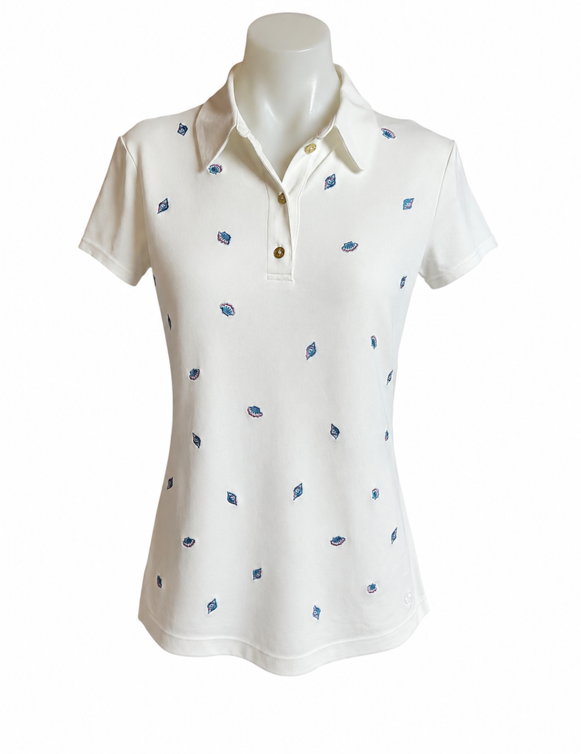 Lilly Pulitzer NWT Frida Polo UPF 50+ Top Resort White Gone Shellin Embroider - Size S