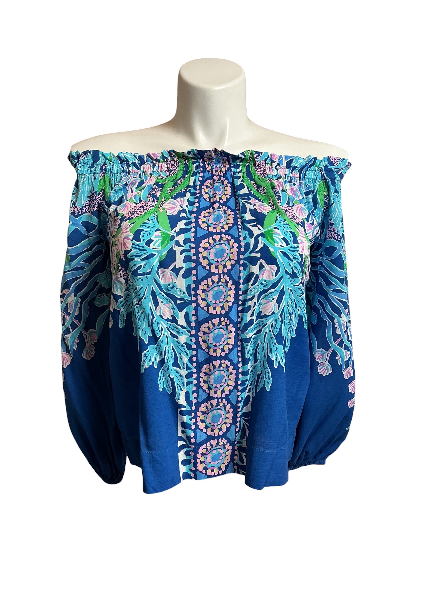 Lilly Pulitzer NWT Aimes Long Sleeve Off The Shoulder Top Barton Blue Seacret Escape Engineered - Size M