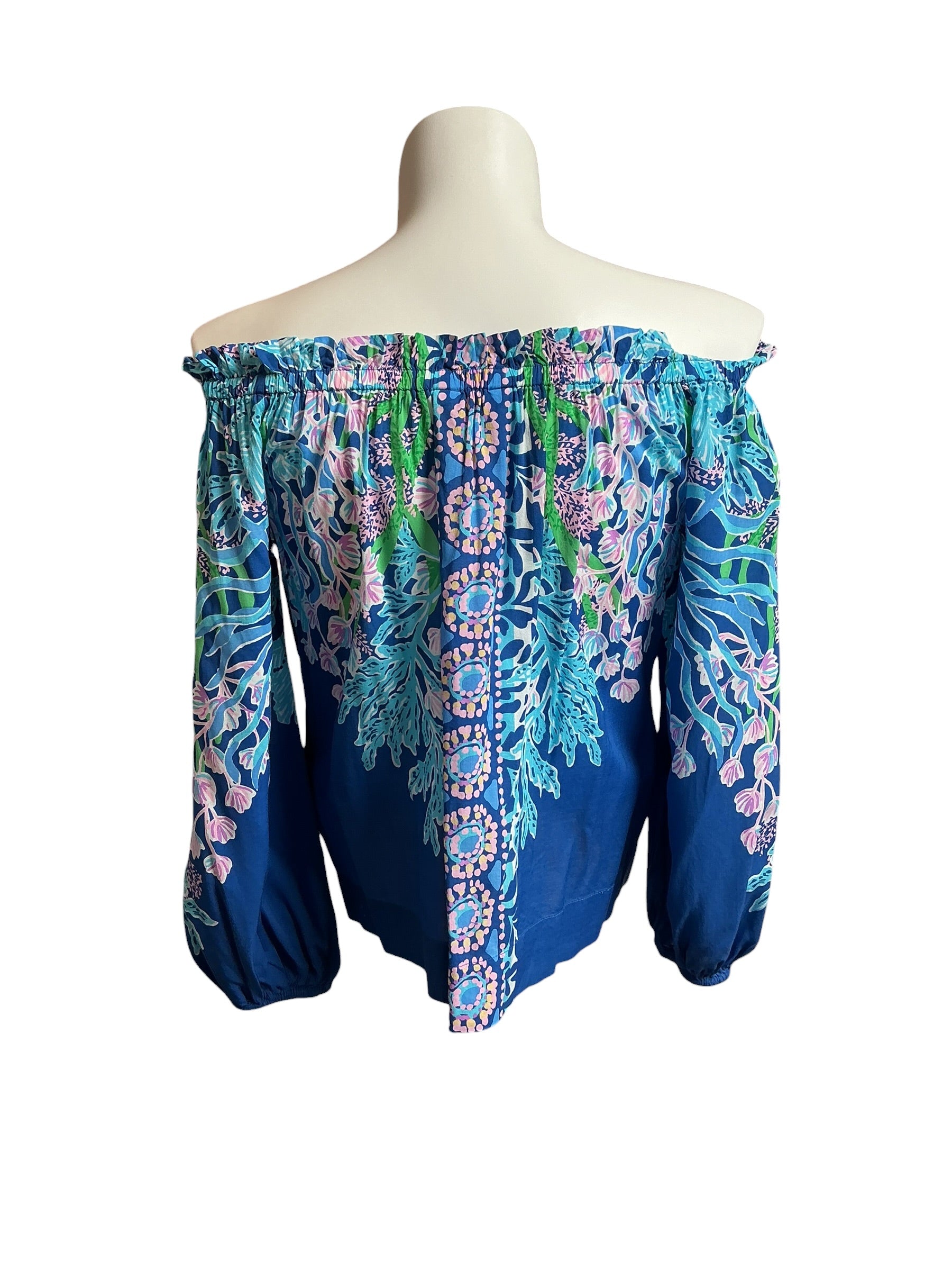 Lilly Pulitzer NWT Aimes Long Sleeve Off The Shoulder Top Barton Blue Seacret Escape Engineered - Size M