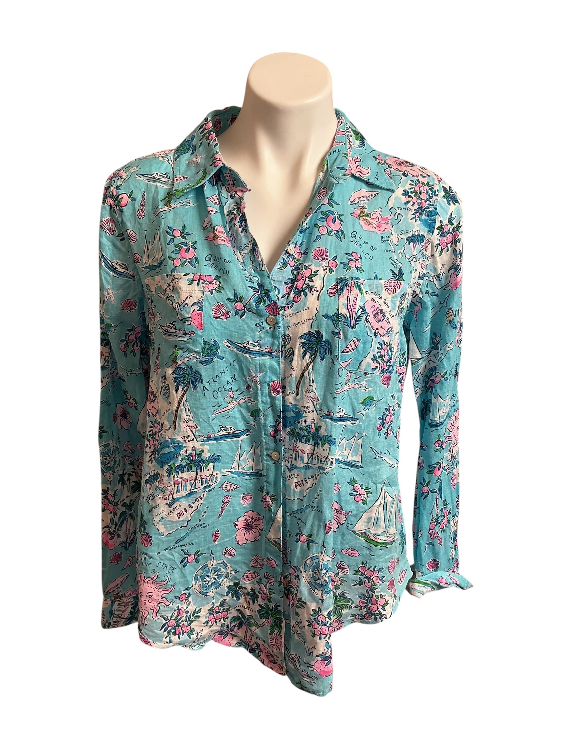 Lilly Pulitzer Sea View Button Down Top Lilly’s Roadtrip- Size S