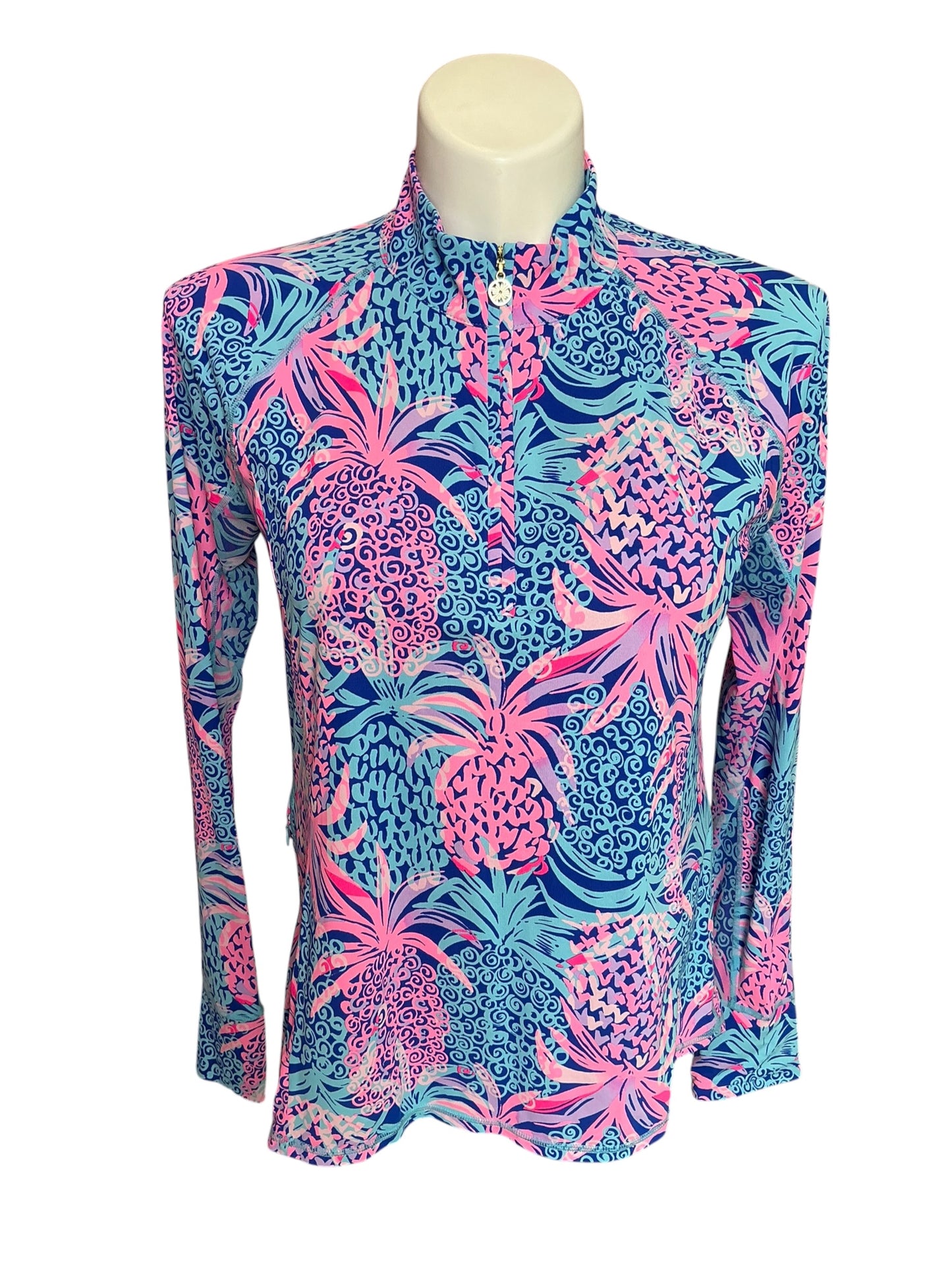 Lilly Pulitzer Luxeletic Marion Half Zip Pullover Borealis Blue Tropic Down Low Size L