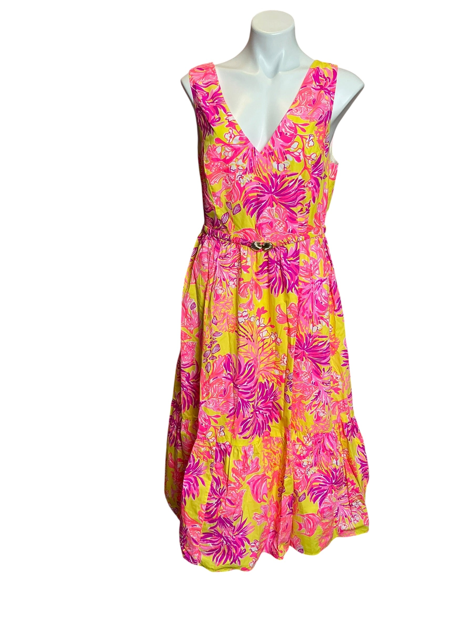 Lilly Pulitzer NWT Bri V Neck Cotton Midi Dress Calla Yellow Floral Coral - Size 16
