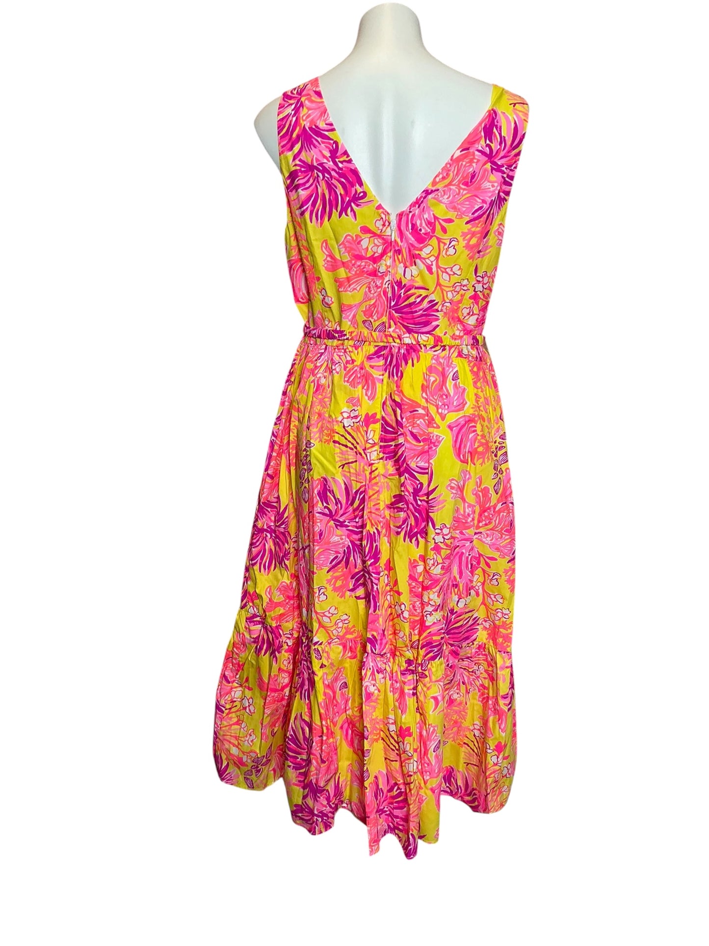 Lilly Pulitzer NWT Bri V Neck Cotton Midi Dress Calla Yellow Floral Coral - Size 16