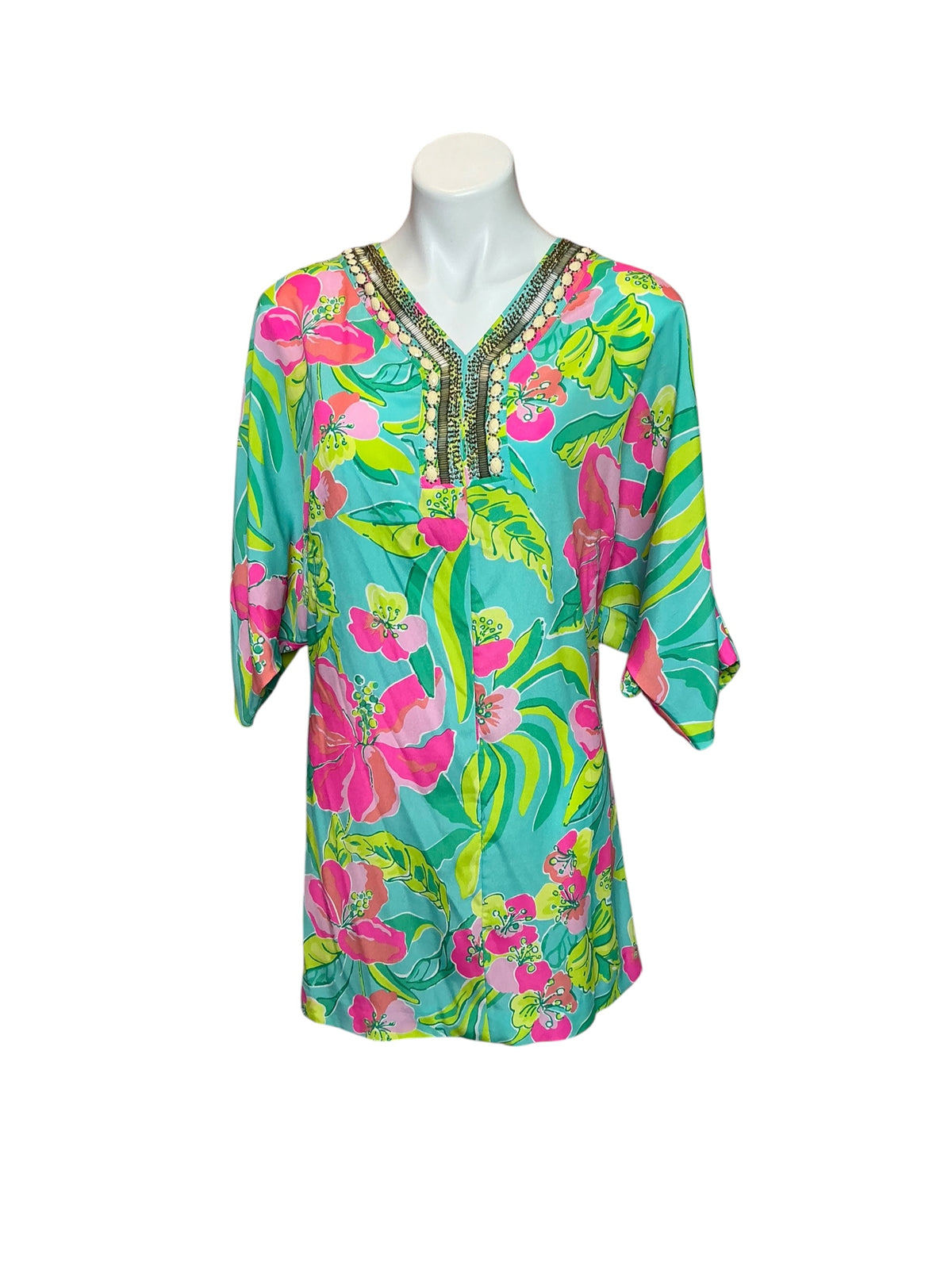 Lilly Pulitzer Wilda Kaftan Dress Crystal Water Island Cocktail Size XS