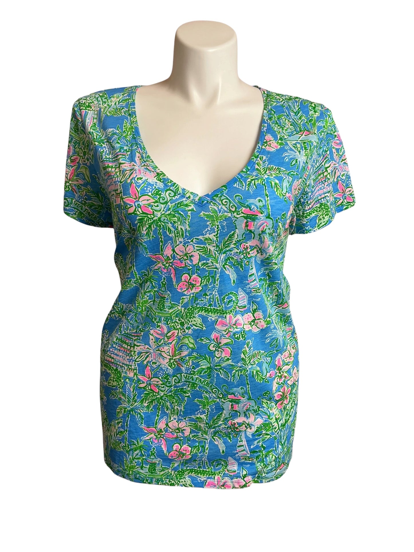 Lilly Pulitzer Etta V-Neck Top Boca Blue Beneath The Bougainvillea - Size XXL
