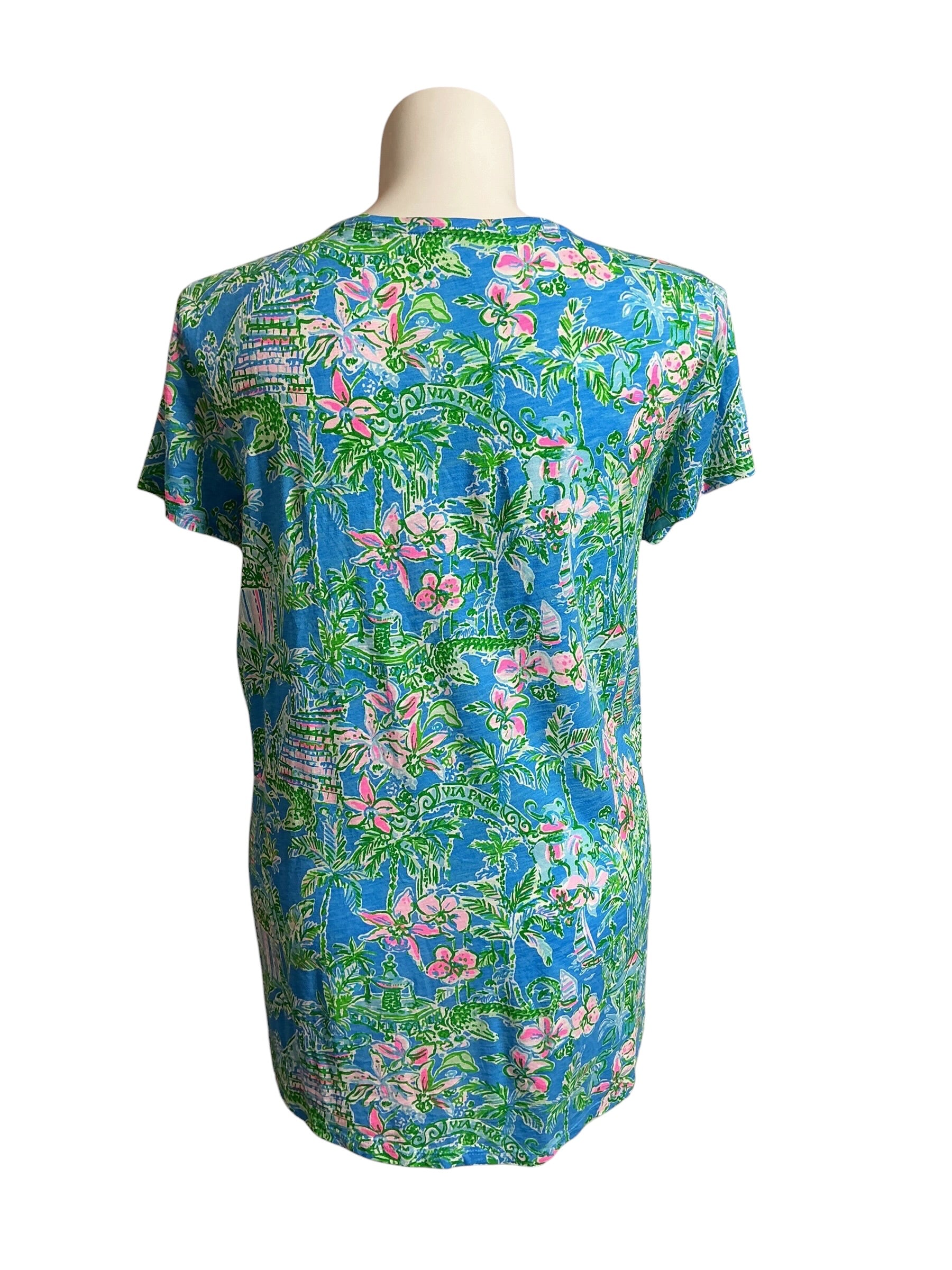 Lilly Pulitzer Etta V-Neck Top Boca Blue Beneath The Bougainvillea - Size XXL