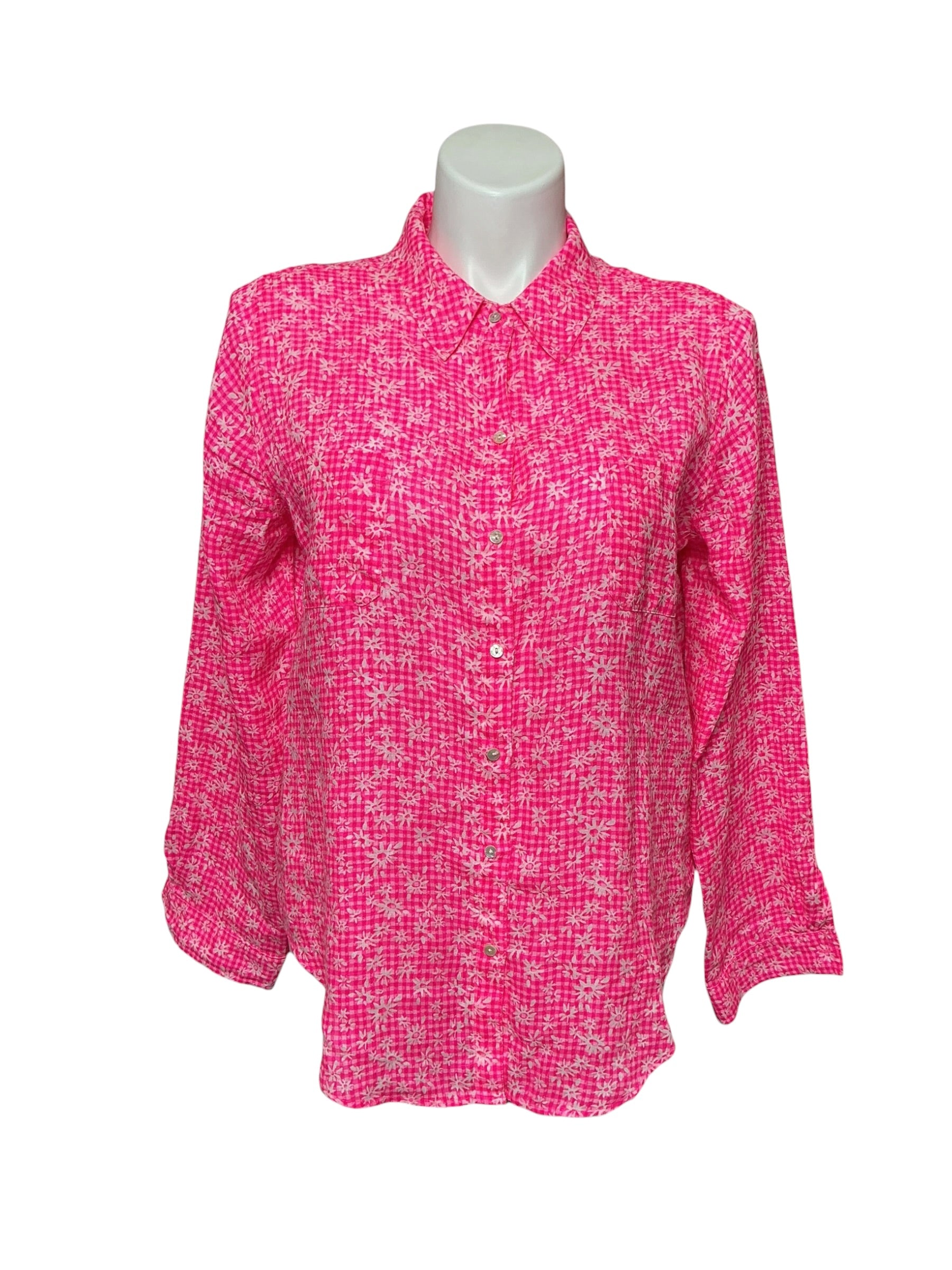 Lilly Pulitzer Sea View Linen Button Down Shirt Aura Pink Check You Out - Size XL