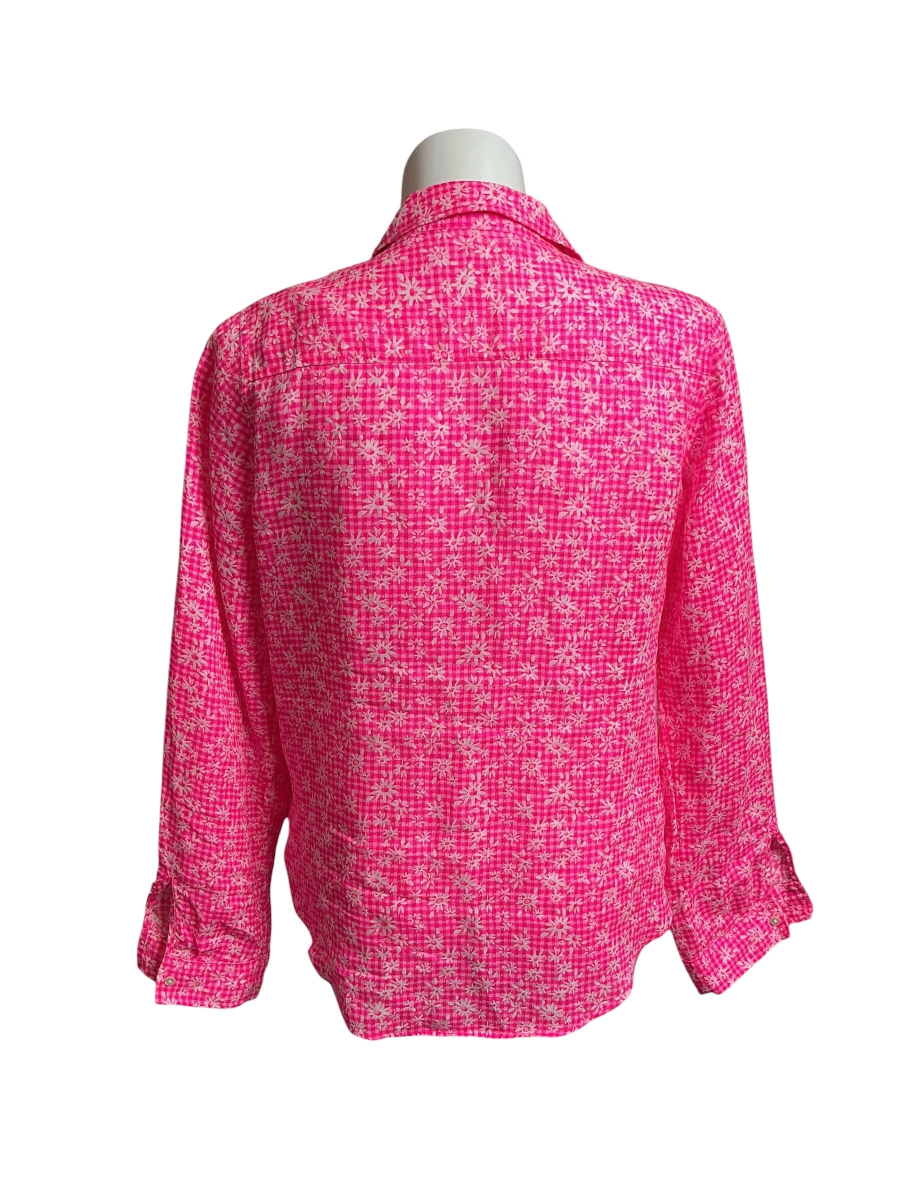 Lilly Pulitzer Sea View Linen Button Down Shirt Aura Pink Check You Out - Size XL