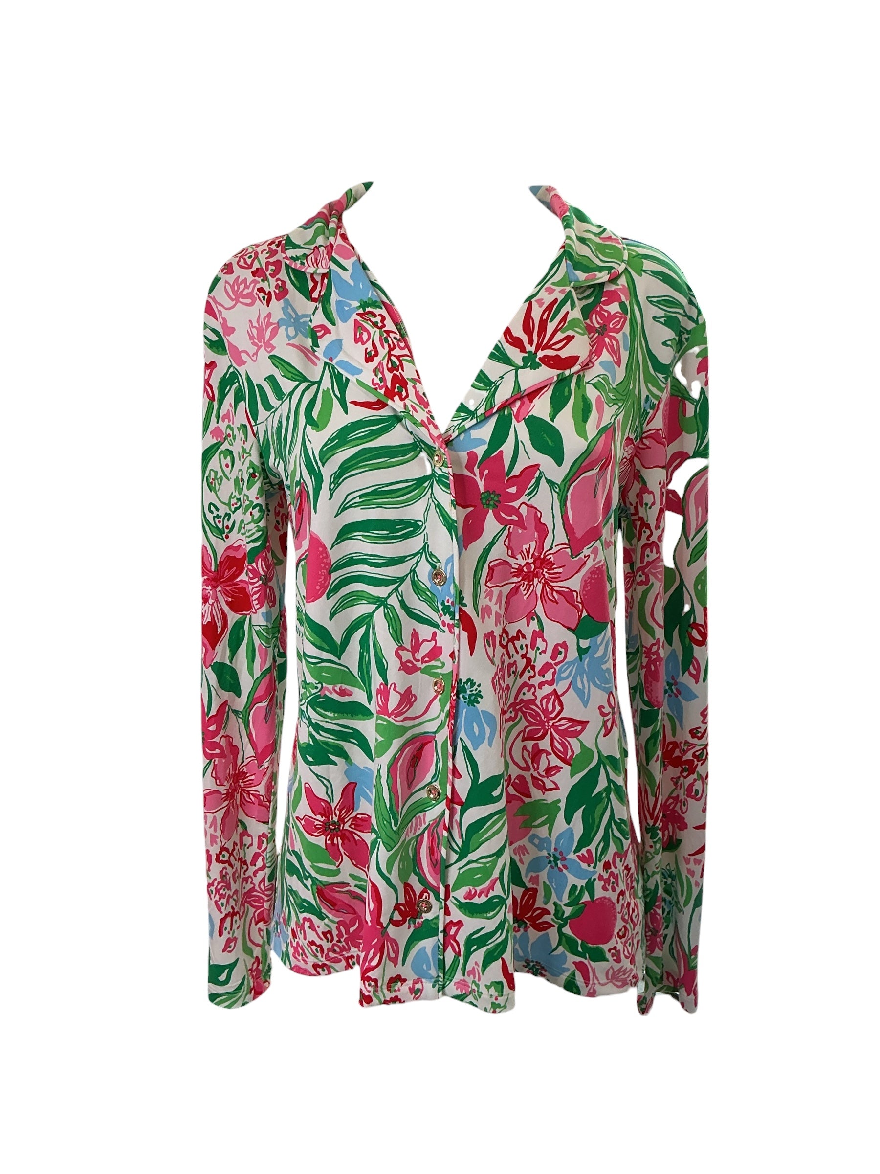 Lilly Pulitzer Pj Knit Long Sleeve Button Up Top - Multi Glowing Gardens - Size M