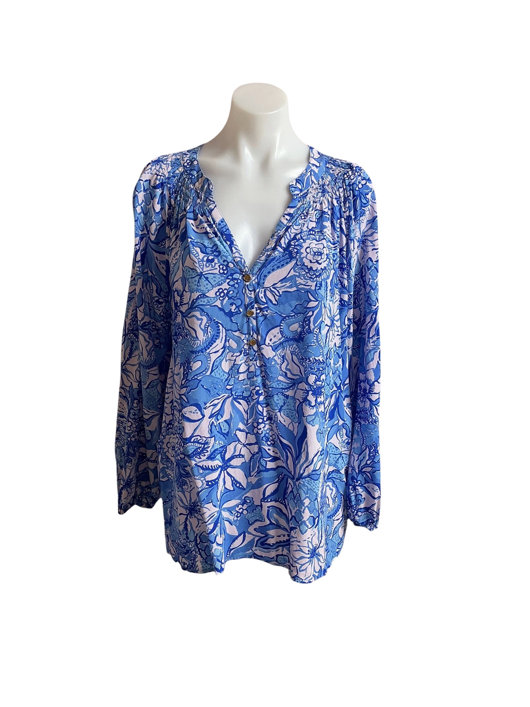 Lilly Pulitzer Elsa Silk Top Blue Tang Flocking Fabulous - Size XXL