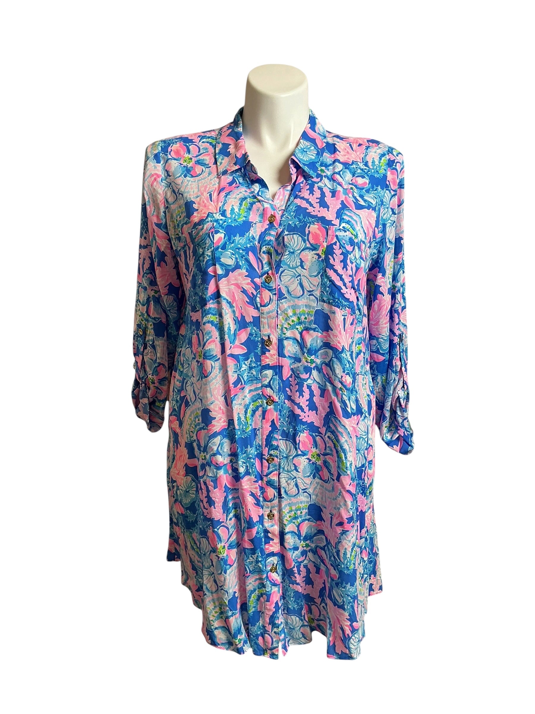 Lilly Pulitzer Natalie Shirtdress Cover-Up Blue Tang Sitting Seaside- Size XL