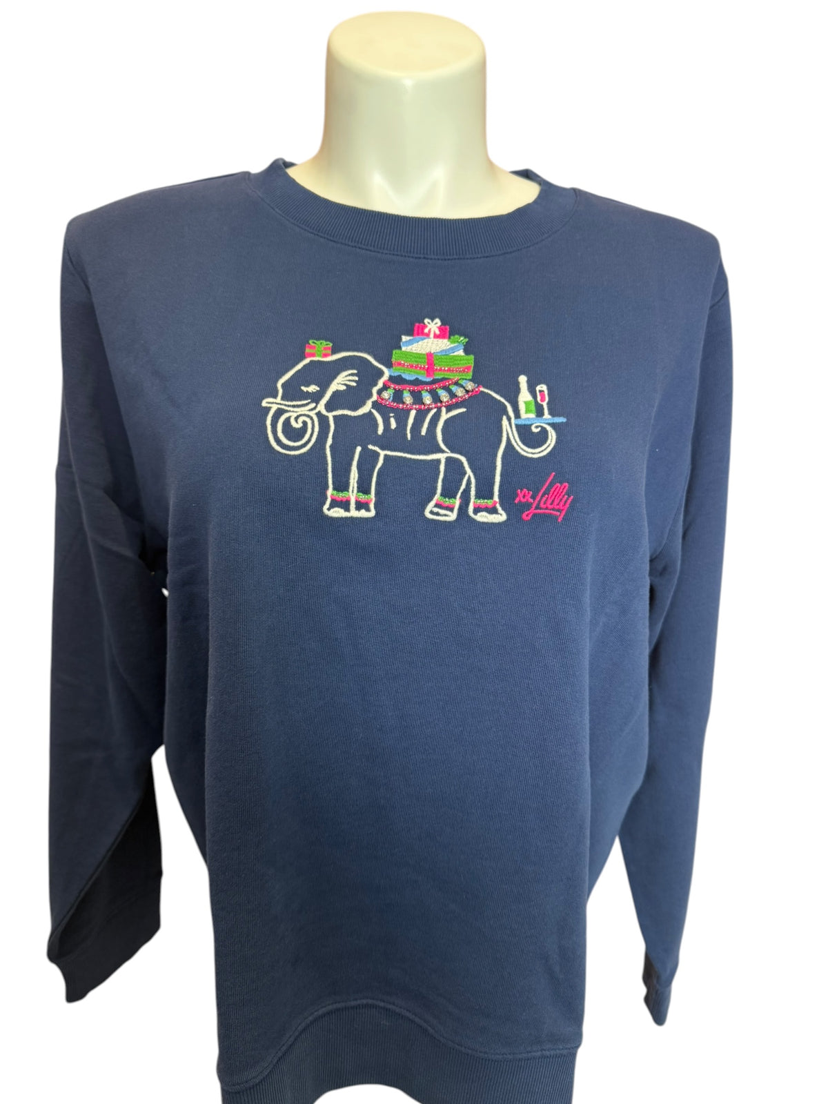 Lilly Pulitzer NWT Ballad Long Sleeve Sweater Low Tide Navy Holiday Elephant - Size L