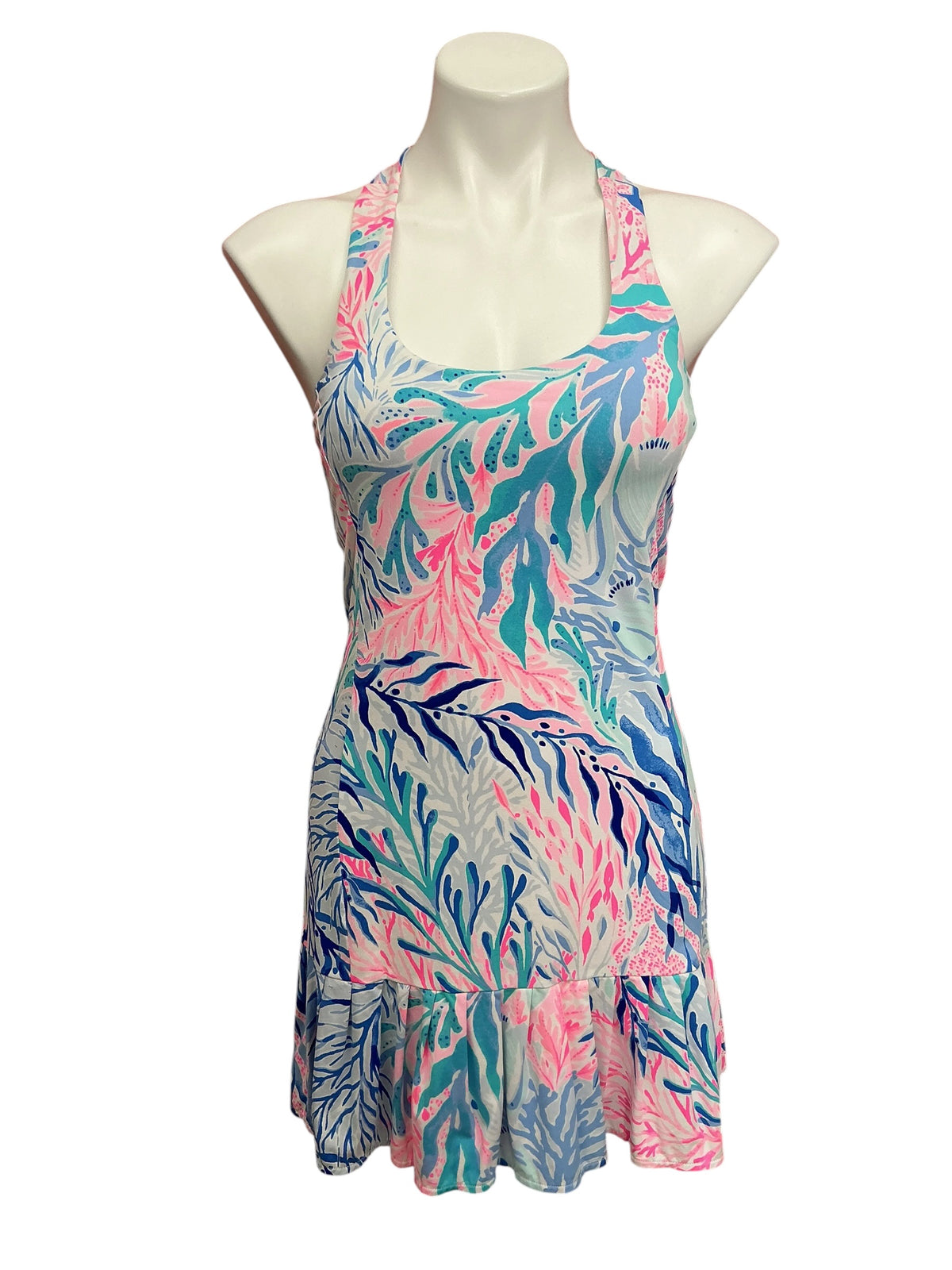 Lilly Pulitzer UPF 50+ Meryl Nylon Ace Crew Blue Tide Kaleidoscope Coral - Size S