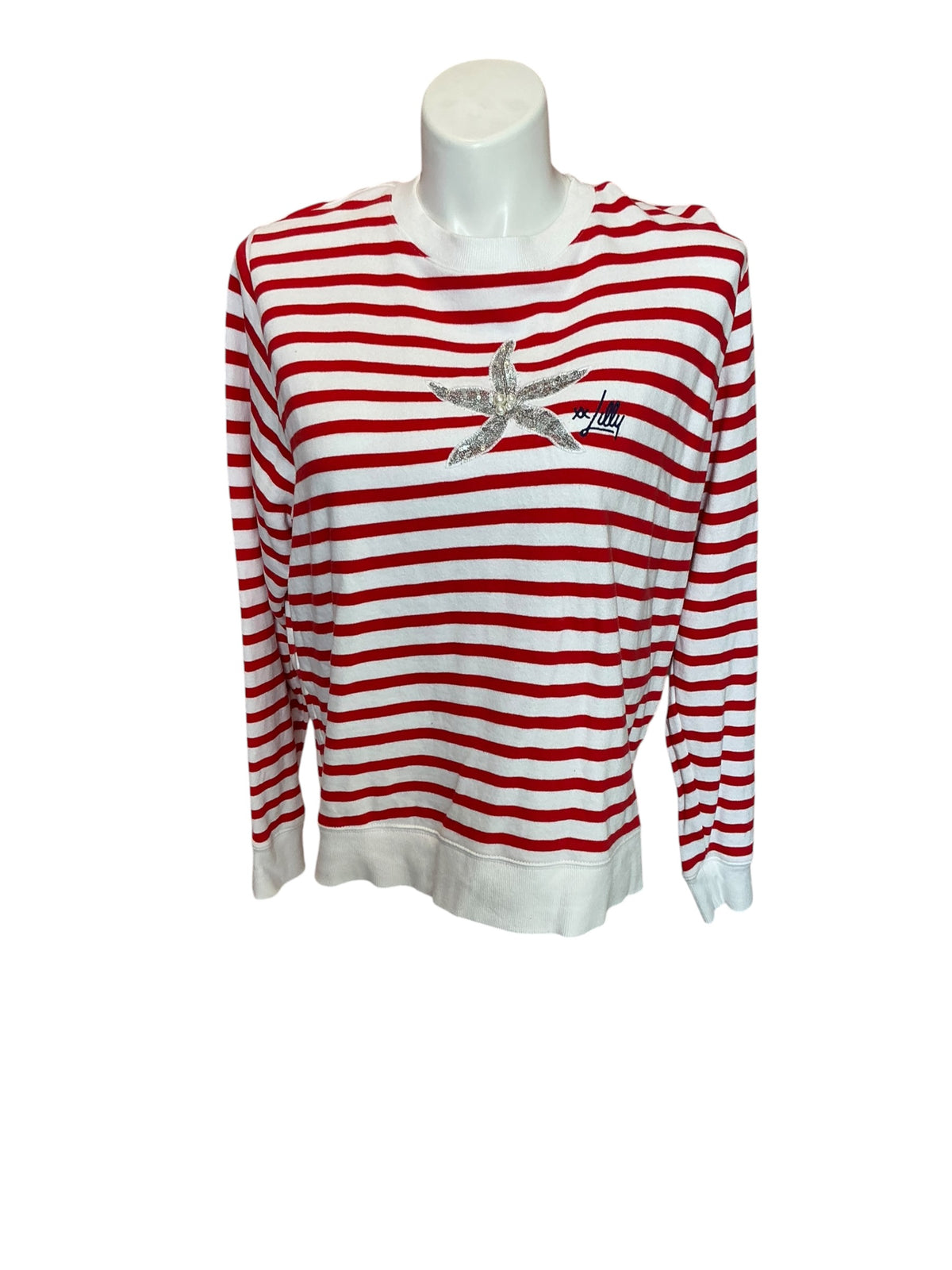 Lilly Pulitzer Ballad Long Sleeve Sweatshirt Rococo Red Coastal Stripe Starfish- Size L