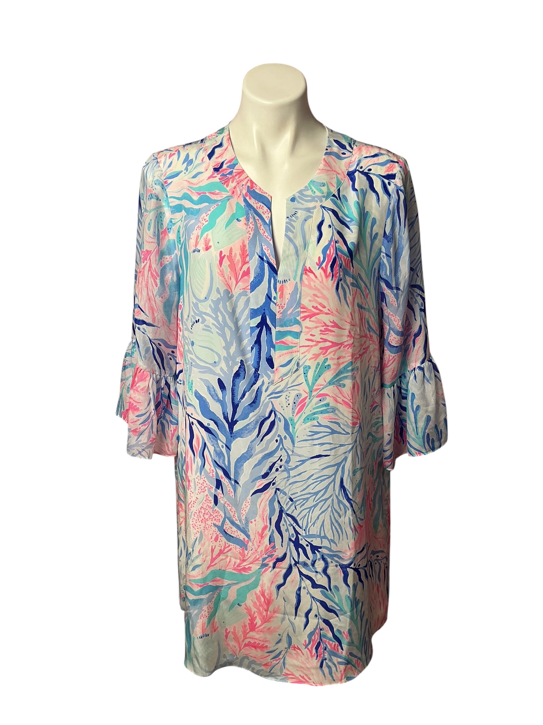 Lilly Pulitzer NWT Eleanora Silk Dress Crew Blue Tint Kaleidoscope Coral - Size L