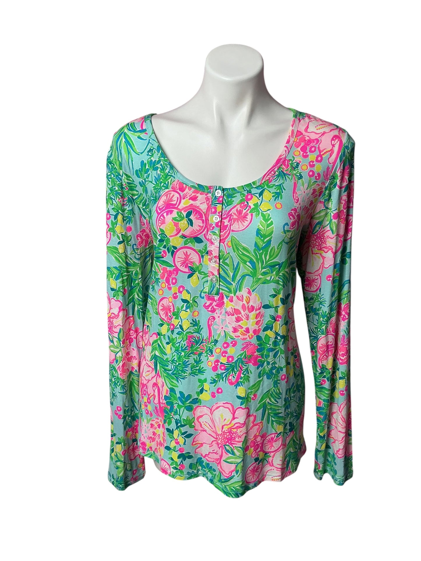 Lilly Pulitzer NWT PJ Knit Henley Top Seasalt Blue Fruity Flamingo - Size XL