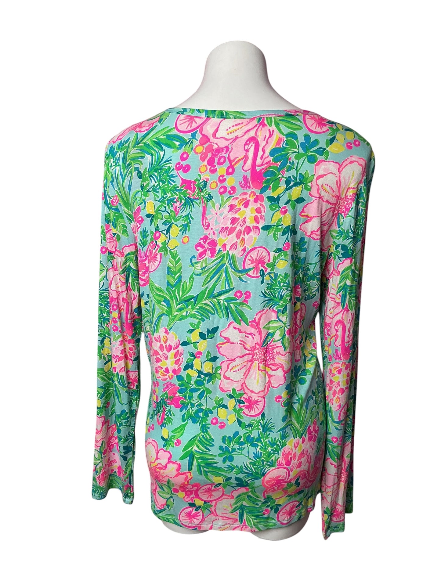 Lilly Pulitzer NWT PJ Knit Henley Top Seasalt Blue Fruity Flamingo - Size XL