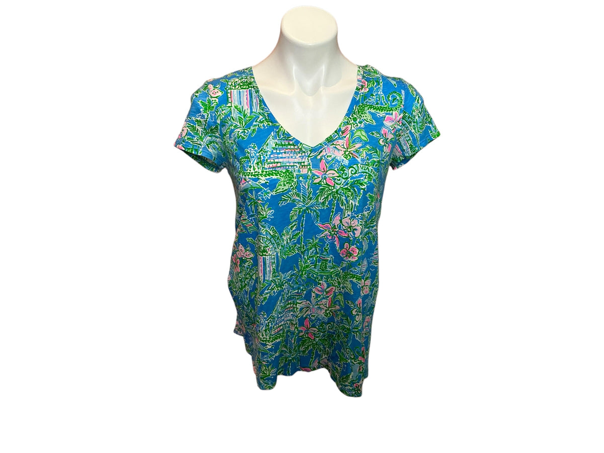 Lilly Pulitzer Etta V Neck Boca Blue Beneath the Bougainvillea - Size XS