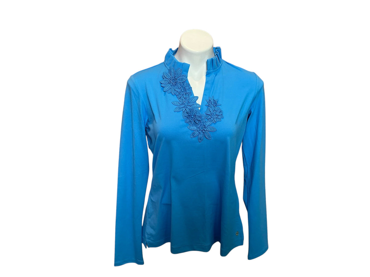 Lilly Pulitzer NWT Frida LS Flower Polo Top UPF 50+ Zanzibar Blue - Size M