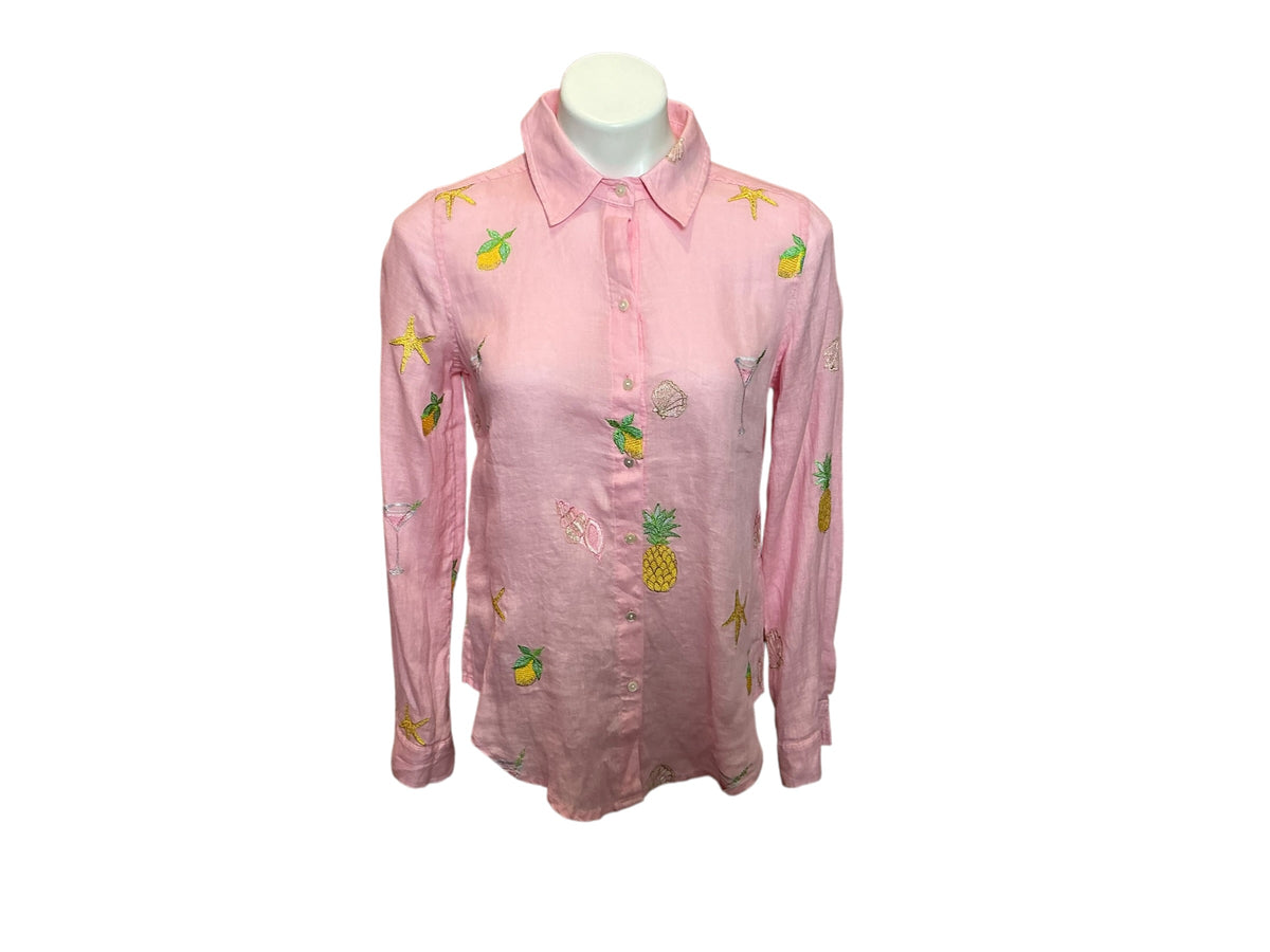Lilly Pulitzer NWT Sea View Button Down Conch Shell Pink Happy Hour Embroidery - Size XS