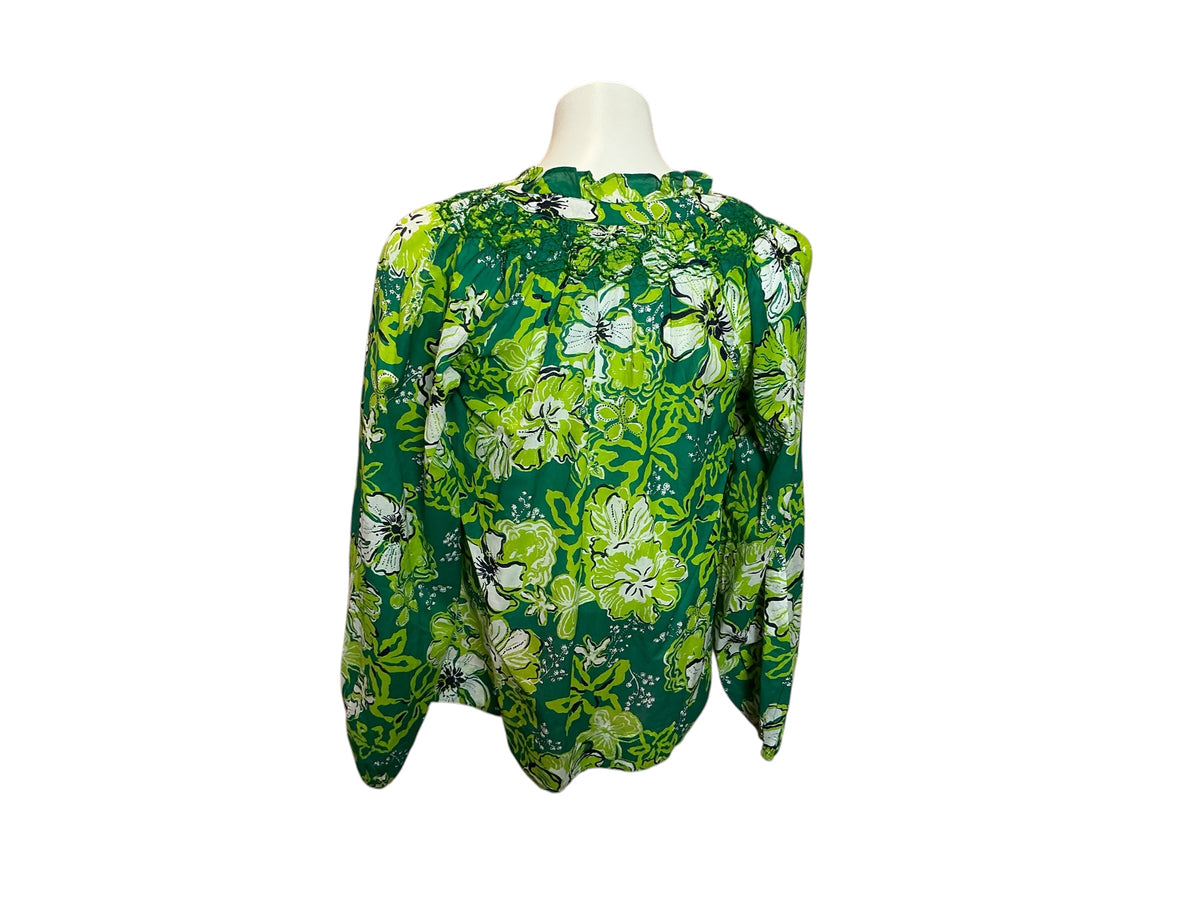 Lilly Pulitzer Lourdes Long Sleeve Top Fiddle Leaf Green Once and Floral - Size S