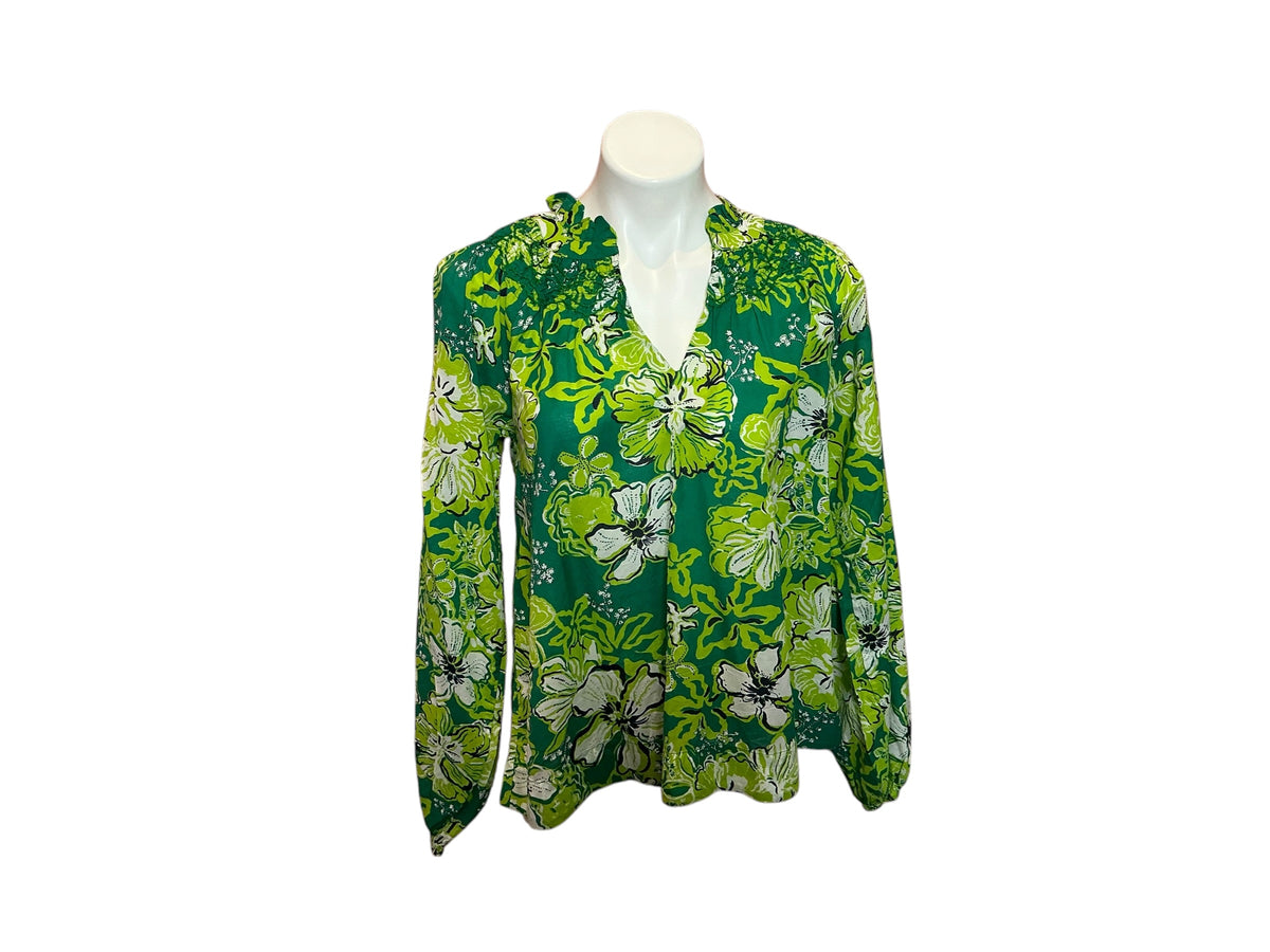 Lilly Pulitzer Lourdes Long Sleeve Top Fiddle Leaf Green Once and Floral - Size S