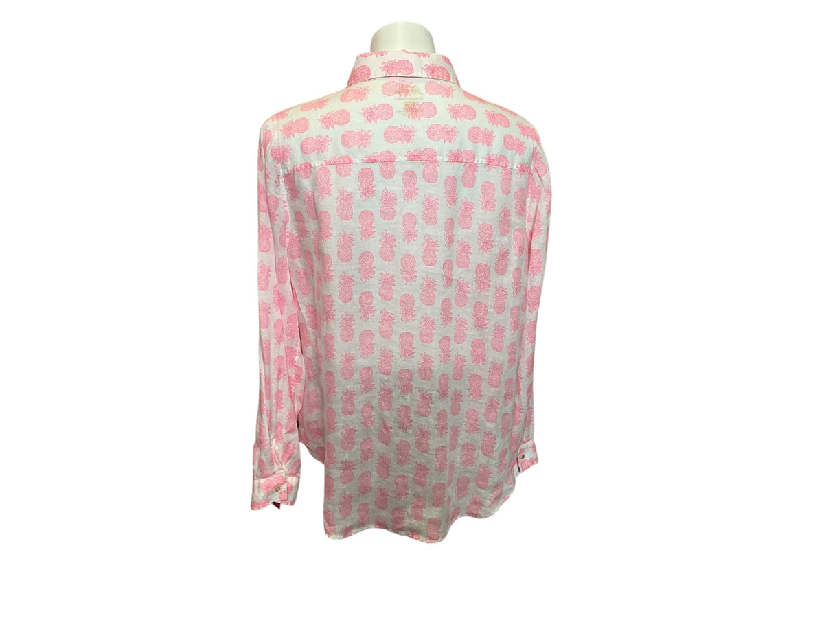 Lilly Pulitzer Sea View Linen Button Down Shirt Rousseau Pink Slice Of Sunshine - Size XL