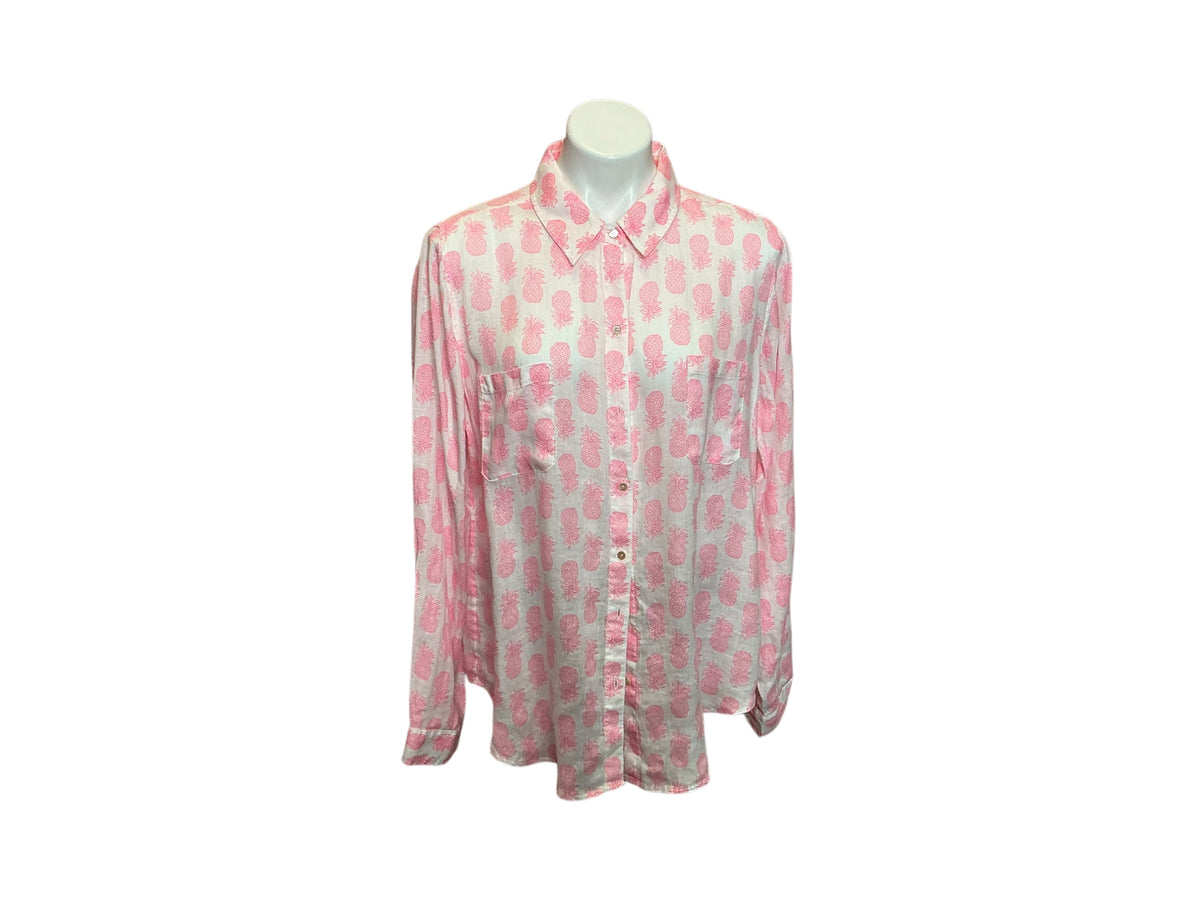 Lilly Pulitzer Sea View Linen Button Down Shirt Rousseau Pink Slice Of Sunshine - Size XL
