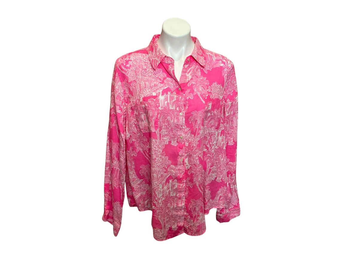 Lilly Pulitzer Sea View Linen Button Down Shirt Roxie Pink Palm Beach Anniversary Toile - Size XL