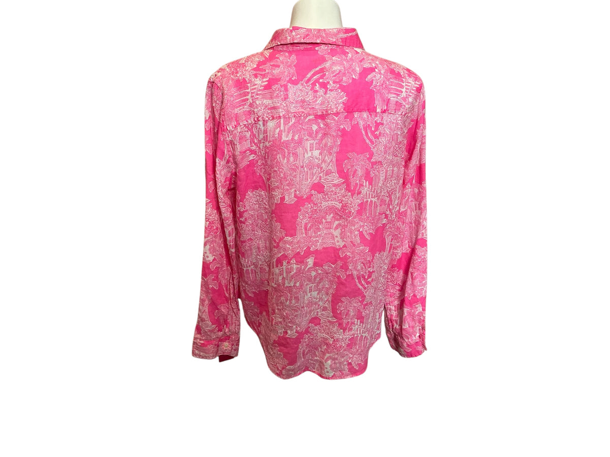 Lilly Pulitzer Sea View Linen Button Down Shirt Roxie Pink Palm Beach Anniversary Toile - Size XL