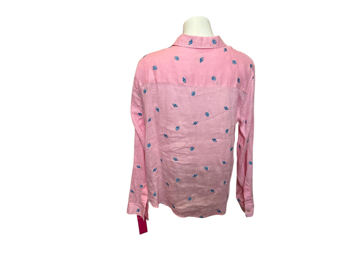 Lilly Pulitzer Coralynn Button Down Shirt Conch Shell Pink Gone Shellin Embroidery - Size XL