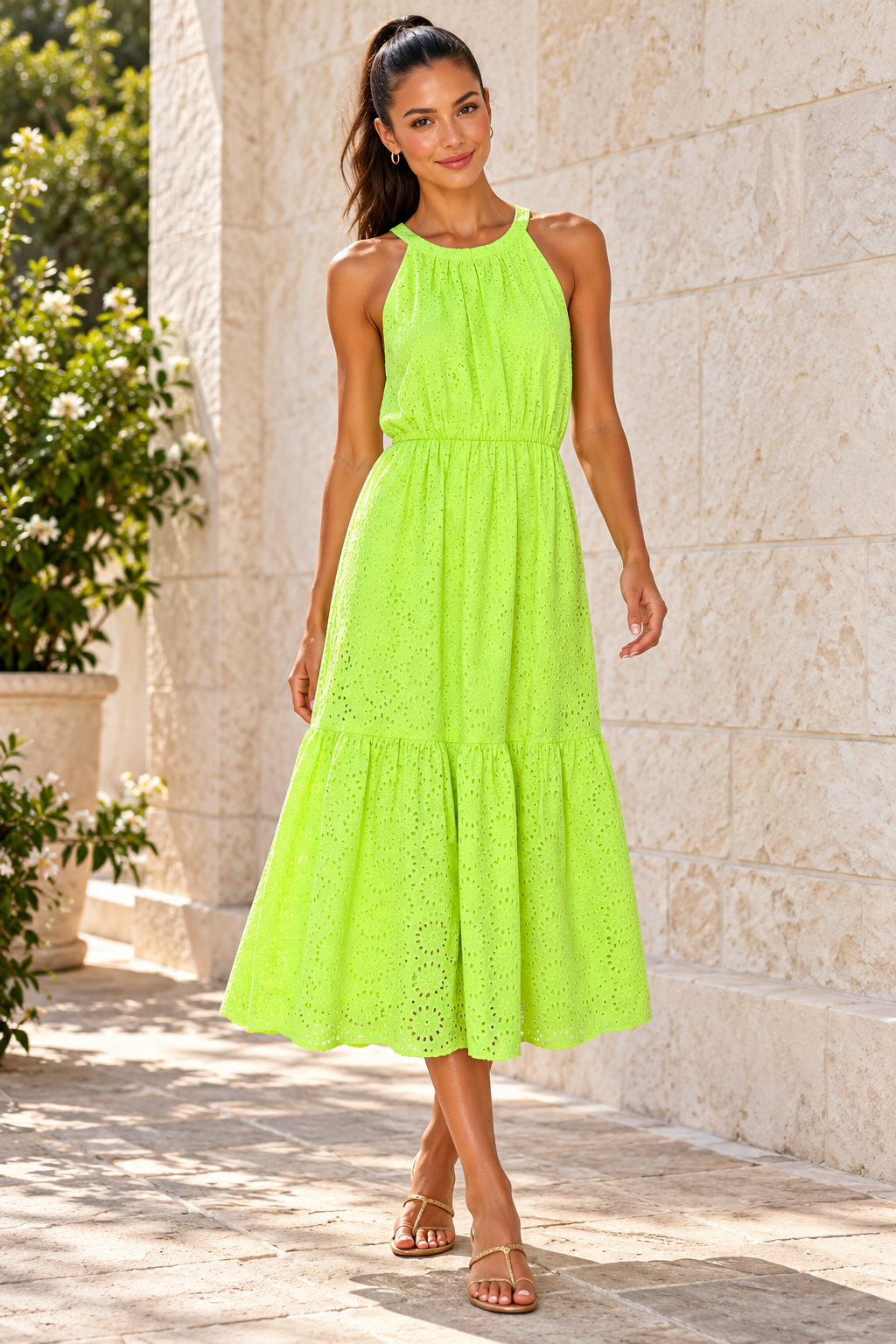 AI-generated on-model preview of Lilly Pulitzer Alda Midi Size S. See original photos for exact item details.
