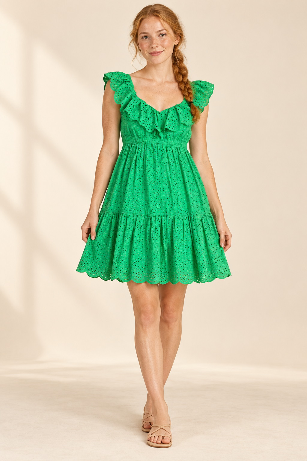 AI-generated model preview of Lilly Pulitzer Asteria Babydoll Dress - Cabana Green Daisy Dreams Eyelet - Size 0. Original product photos show the exact item.