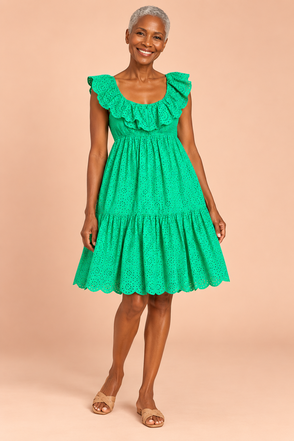 AI-generated model preview of Lilly Pulitzer Asteria Babydoll Dress - Cabana Green Daisy Dreams Eyelet - Size 00. Original product photos show the exact item.
