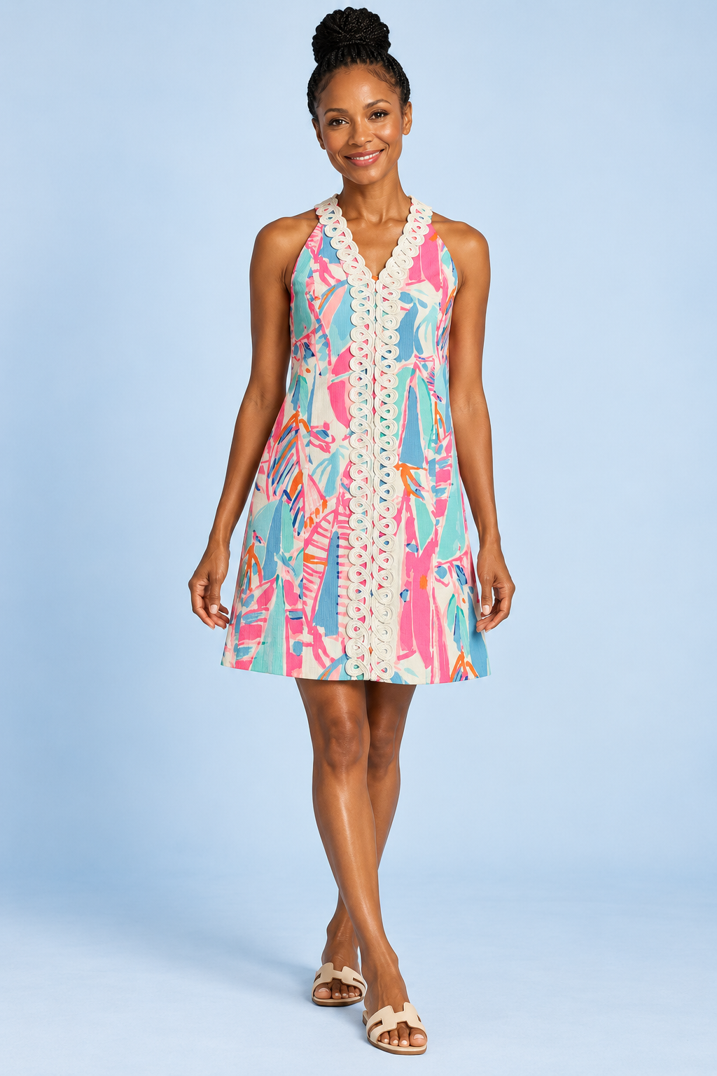 AI-generated model preview of Lilly Pulitzer Lynn Shift Dress - Out To See  - Size 2. Original product photos show the exact item.