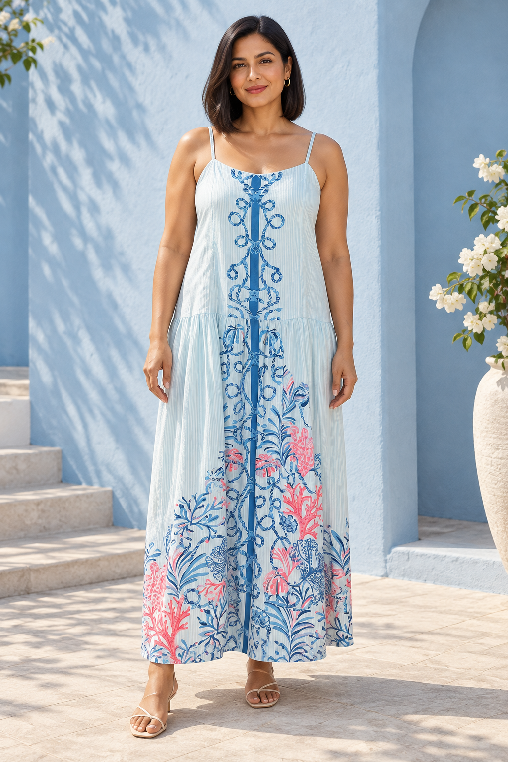 AI-generated model preview of Lilly Pulitzer Saylar Maxi Dress Size 14. Original product photos show the exact item.