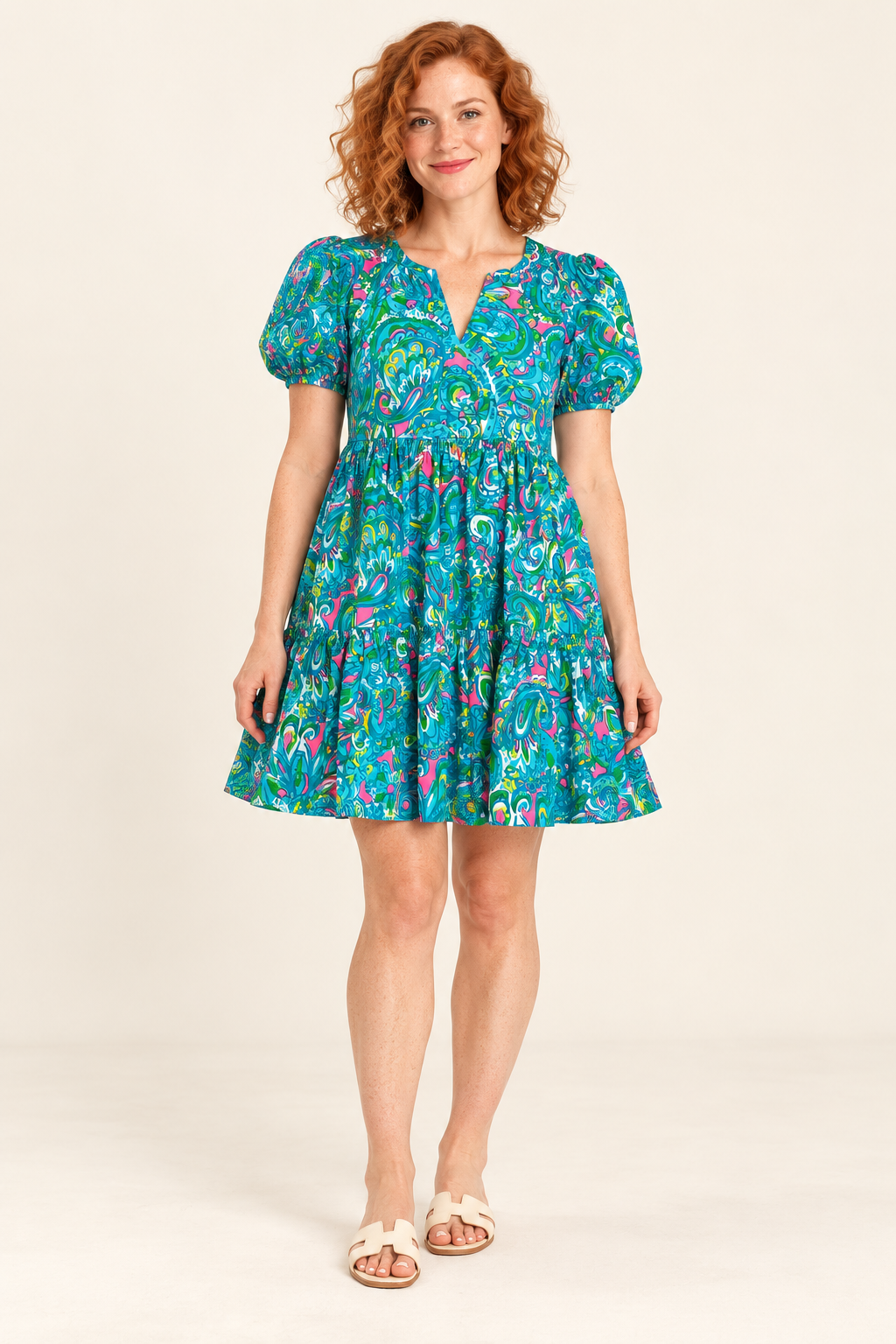 AI-generated model preview of Lilly Pulitzer Shannon Dress - Seabreeze Blue Hey Gulf Friend - Size XXS. Original product photos show the exact item.