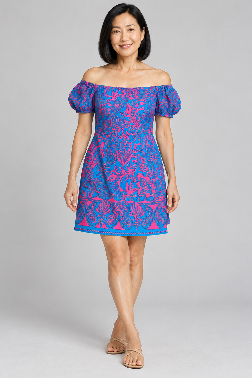 AI-generated model preview of Lily Pulitzer Jada Off The Shoulder Romper Aura Pink - Leaf An Impression - NWT - Size - 2. Original product photos show the exact item.