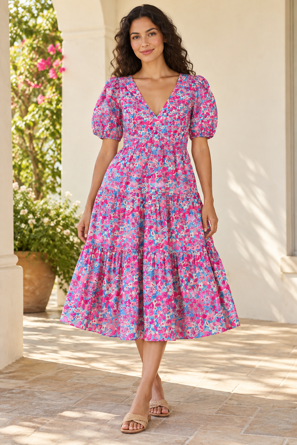 AI-generated model preview of Lily Pulitzer Nalani Midi Dress - Pink Baby Bloomer - Size - 2. Original product photos show the exact item.