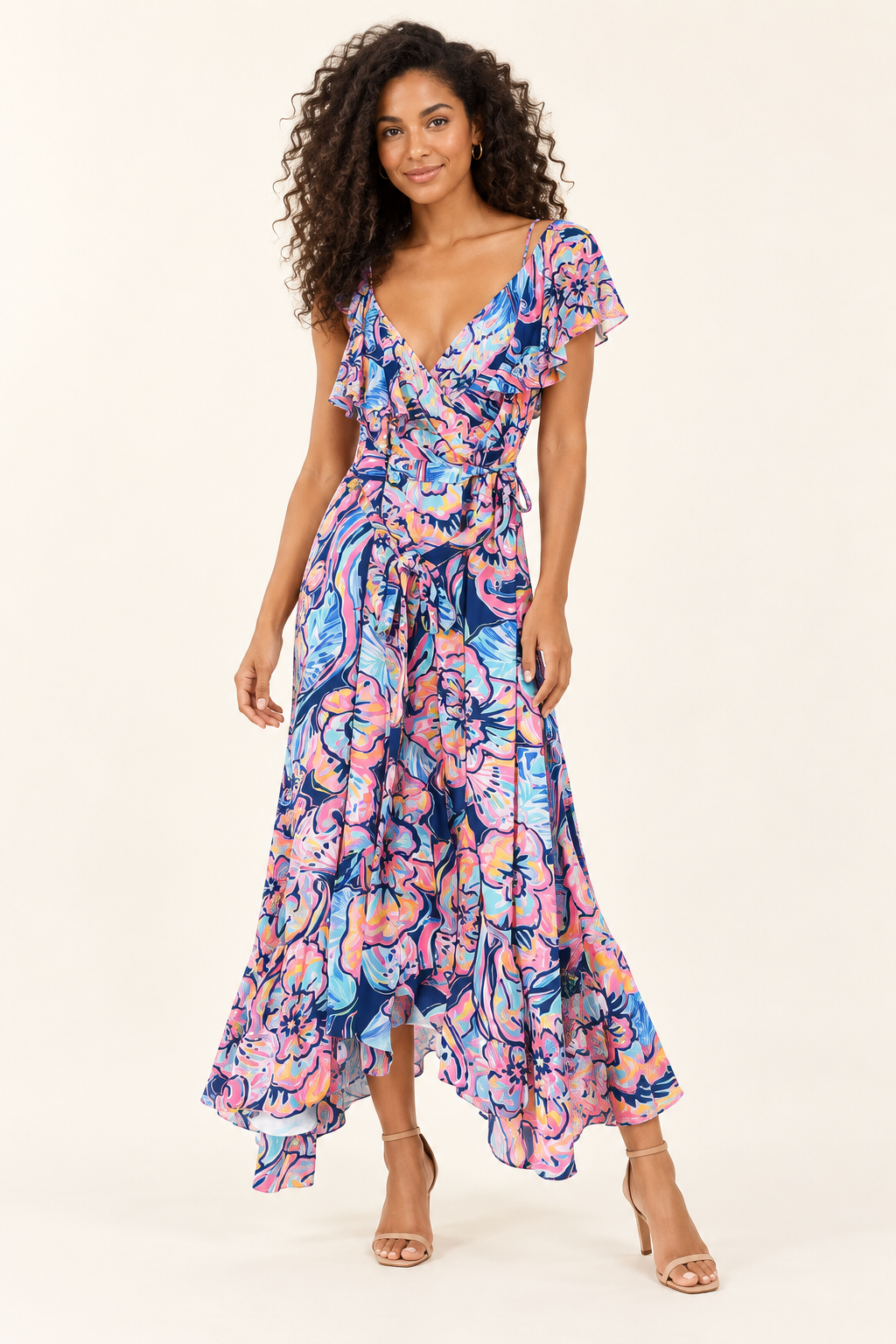 AI-generated on-model preview of Lilly Pulitzer Marianna Wrap Dress Holy Grail Size S. See original photos for exact item details.