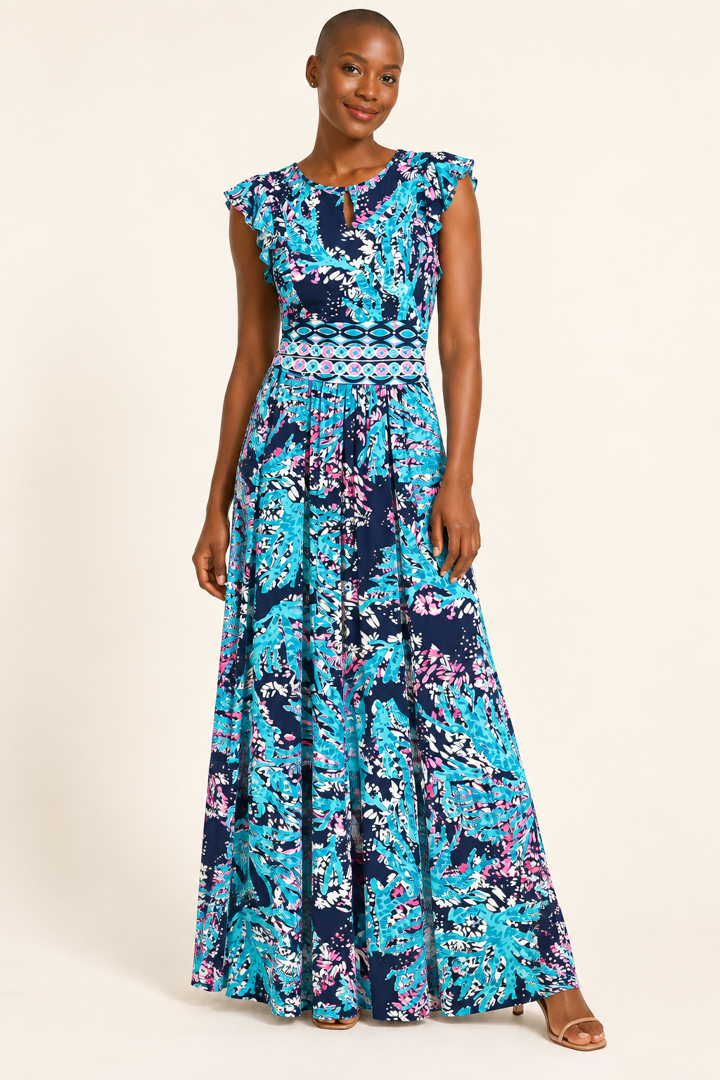 AI-generated on-model preview of Lilly Pulitzer Mylea Maxi Size S. See original photos for exact item details.